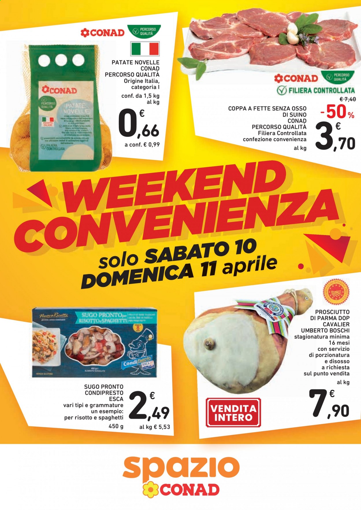 thumbnail - Volantino Conad - 10/4/2021 - 11/4/2021 - Prodotti in offerta - patate, patate novelle, suino, sugo, sugo pronto, prosciutto, Prosciutto di Parma, spaghetti. Pagina 1.