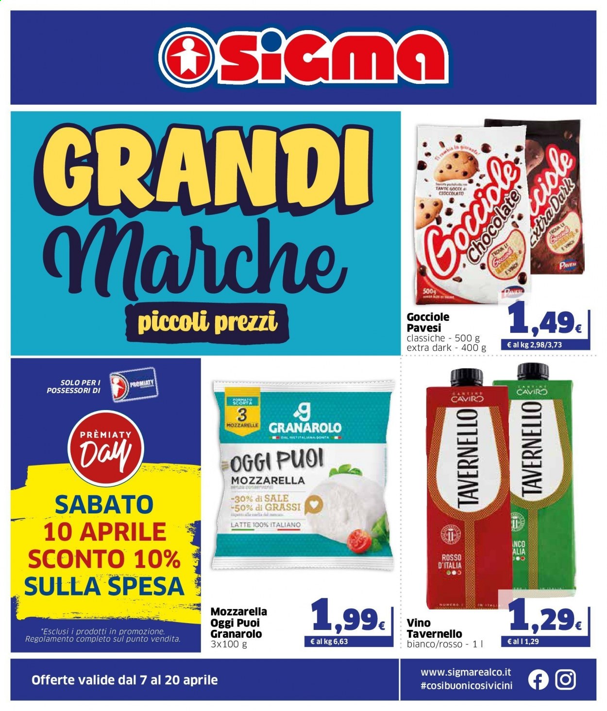 thumbnail - Volantino Sigma - 7/4/2021 - 20/4/2021 - Prodotti in offerta - Granarolo, mozzarella, latte, Pavesi, Tavernello, vino. Pagina 1.