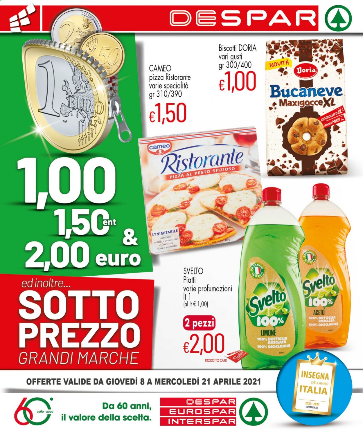 thumbnail - Volantino Eurospar - 8/4/2021 - 21/4/2021 - Prodotti in offerta - Cameo, pizza, Pizza Ristorante, biscotti, Doria, pesto, Svelto, detergente per piatti. Pagina 1.