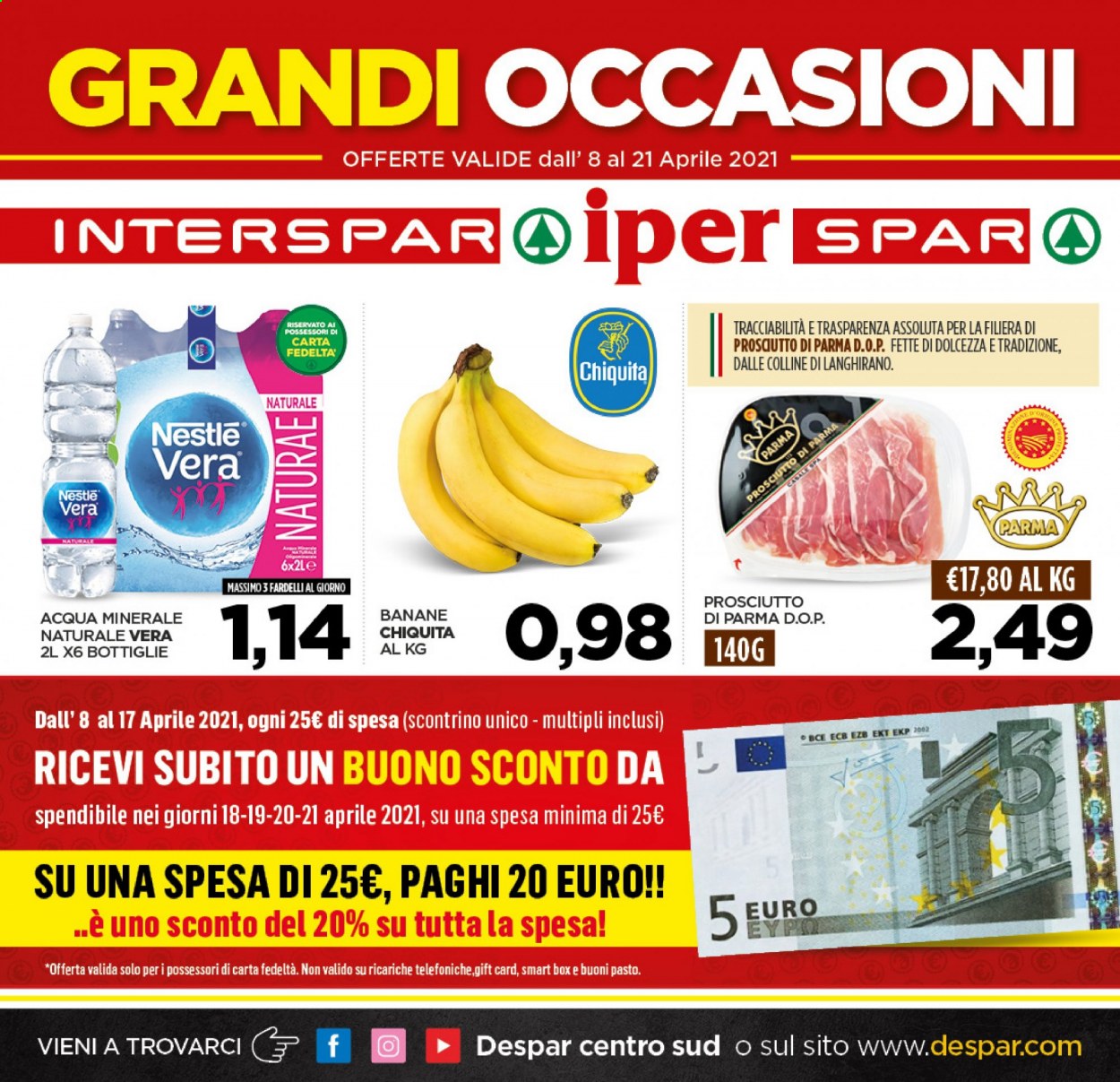 thumbnail - Volantino Interspar - 8/4/2021 - 21/4/2021 - Prodotti in offerta - banane, Chiquita, prosciutto, Prosciutto di Parma, Nestlé, acqua minerale. Pagina 1.