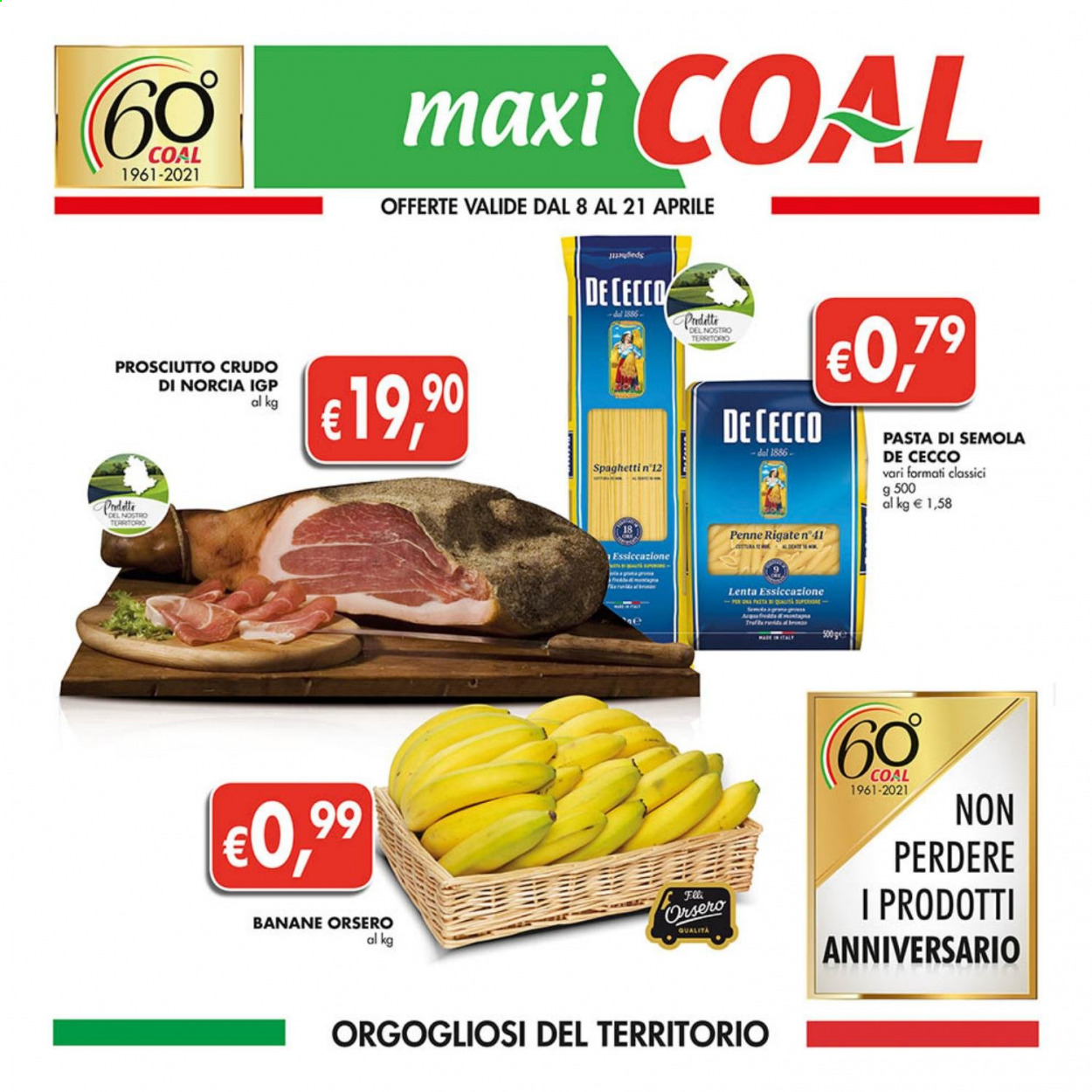 thumbnail - Volantino COAL - 8/4/2021 - 21/4/2021 - Prodotti in offerta - banane, prosciutto, prosciutto crudo, De Cecco, spaghetti, pasta, penne. Pagina 1.