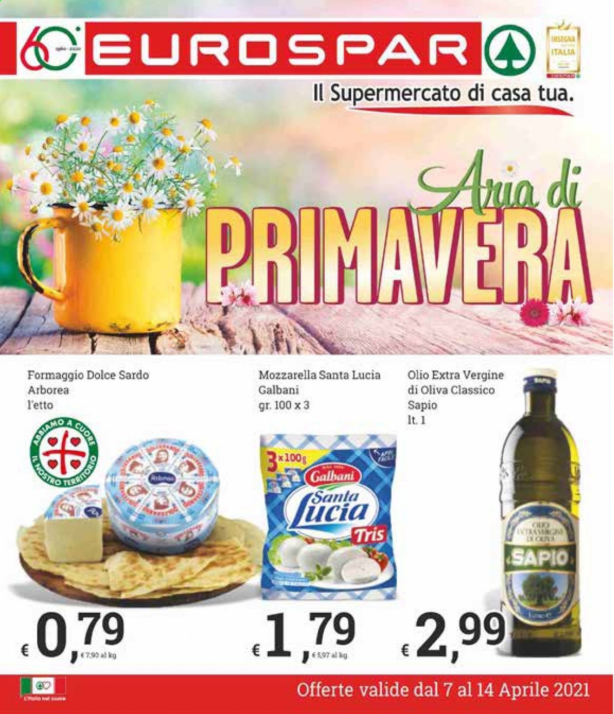 thumbnail - Volantino Eurospar - 7/4/2021 - 14/4/2021 - Prodotti in offerta - Galbani, formaggio, mozzarella, Arborea, olio, olio extra vergine di oliva. Pagina 1.