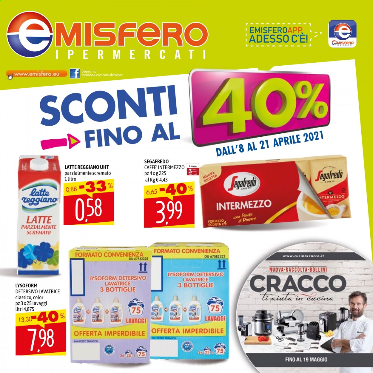 thumbnail - Volantino Emisfero - 8/4/2021 - 21/4/2021 - Prodotti in offerta - latte, caffè, Segafredo, Lysoform, detersivo per lavatrice. Pagina 1.
