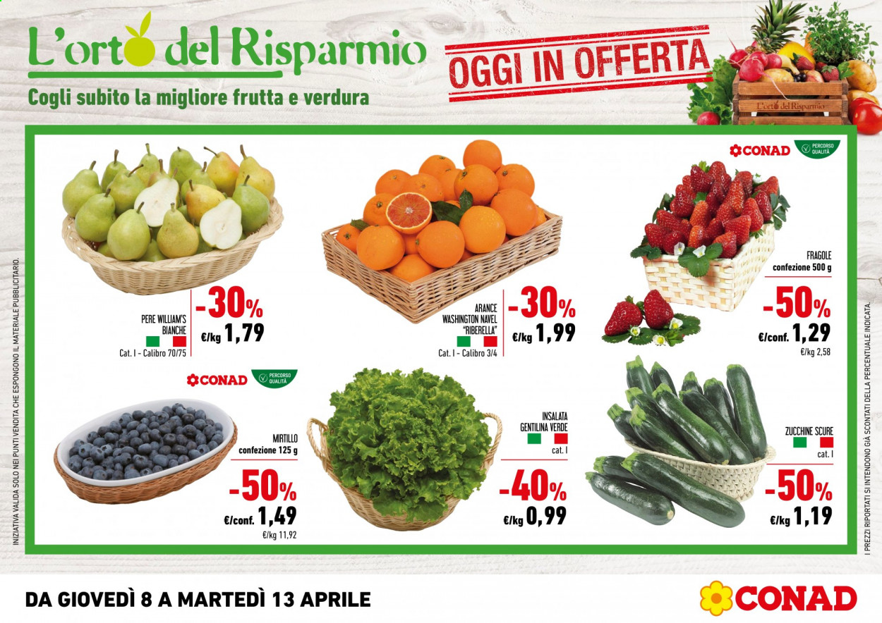 thumbnail - Volantino Conad - 8/4/2021 - 13/4/2021 - Prodotti in offerta - zucchine, arance, arancie Navel, fragole, pere. Pagina 1.
