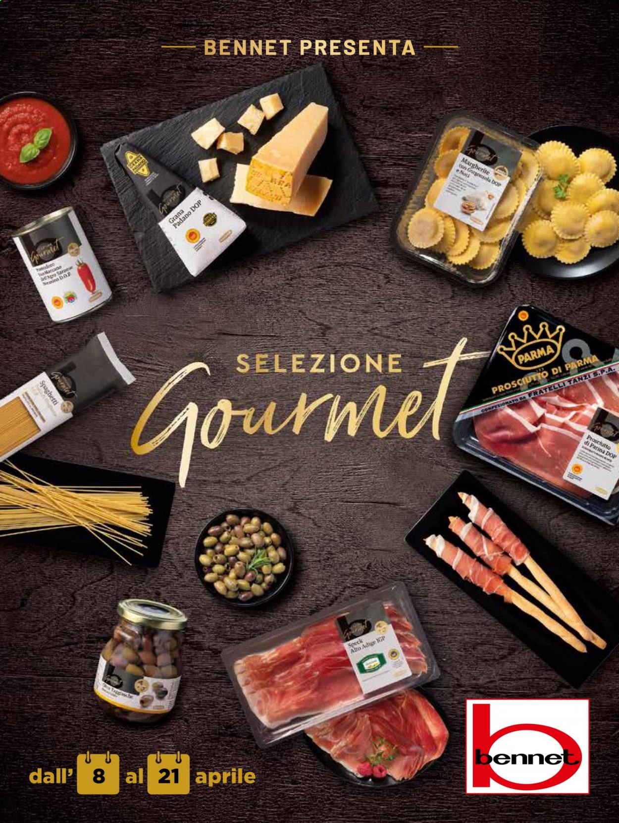 thumbnail - Volantino bennet - 8/4/2021 - 21/4/2021 - Prodotti in offerta - Prosciutto di Parma, speck, formaggio, Grana Padano, spaghetti. Pagina 1.