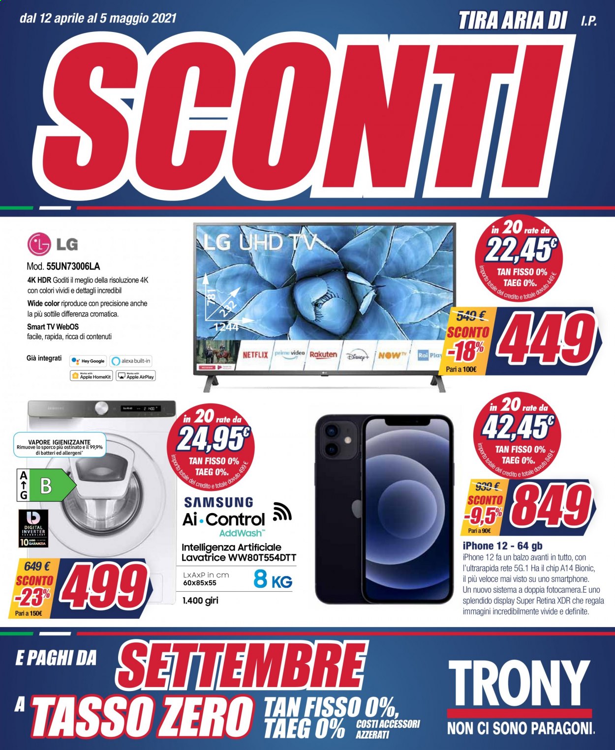 thumbnail - Volantino Trony - 12/4/2021 - 5/5/2021 - Prodotti in offerta - smartphone, iPhone, iPhone 12, Smart TV, televisore, lavatrice. Pagina 1.