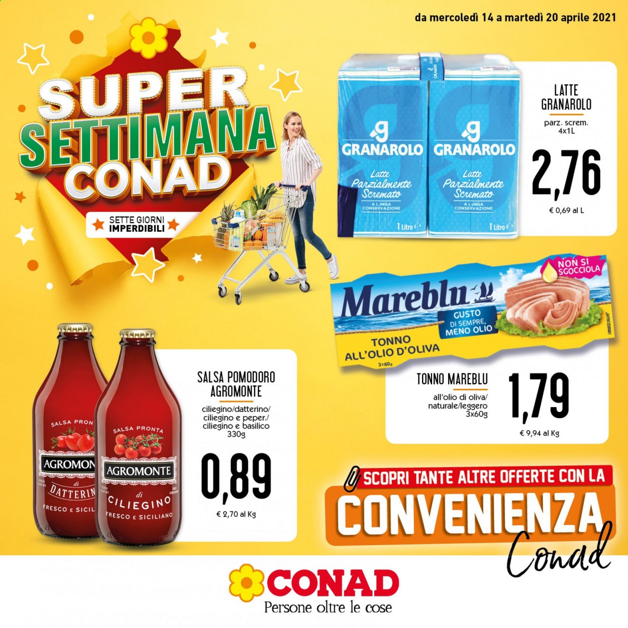 thumbnail - Volantino Conad - 14/4/2021 - 20/4/2021 - Prodotti in offerta - tonno, Granarolo, latte, Mareblu, tonno sott'olio. Pagina 1.