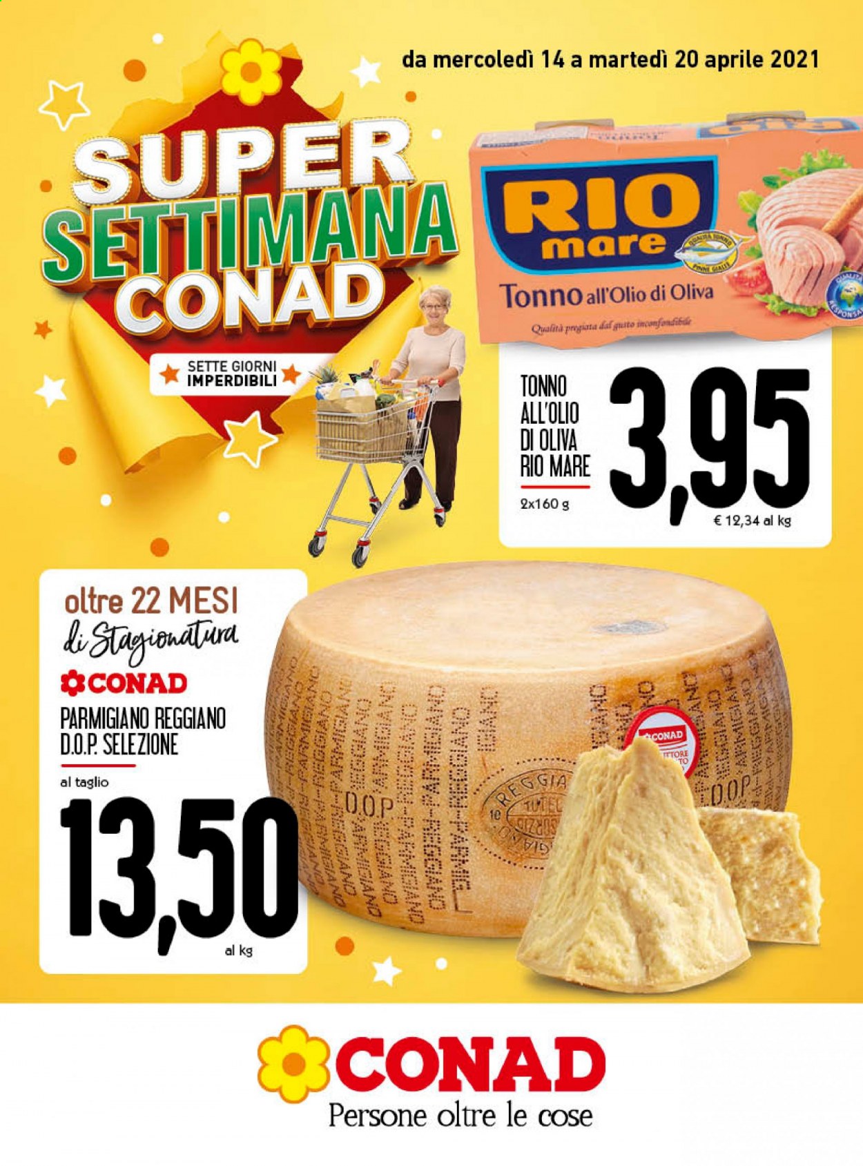 thumbnail - Volantino Conad - 14/4/2021 - 20/4/2021 - Prodotti in offerta - tonno, formaggio, parmigiano, Rio Mare, tonno sott'olio. Pagina 1.