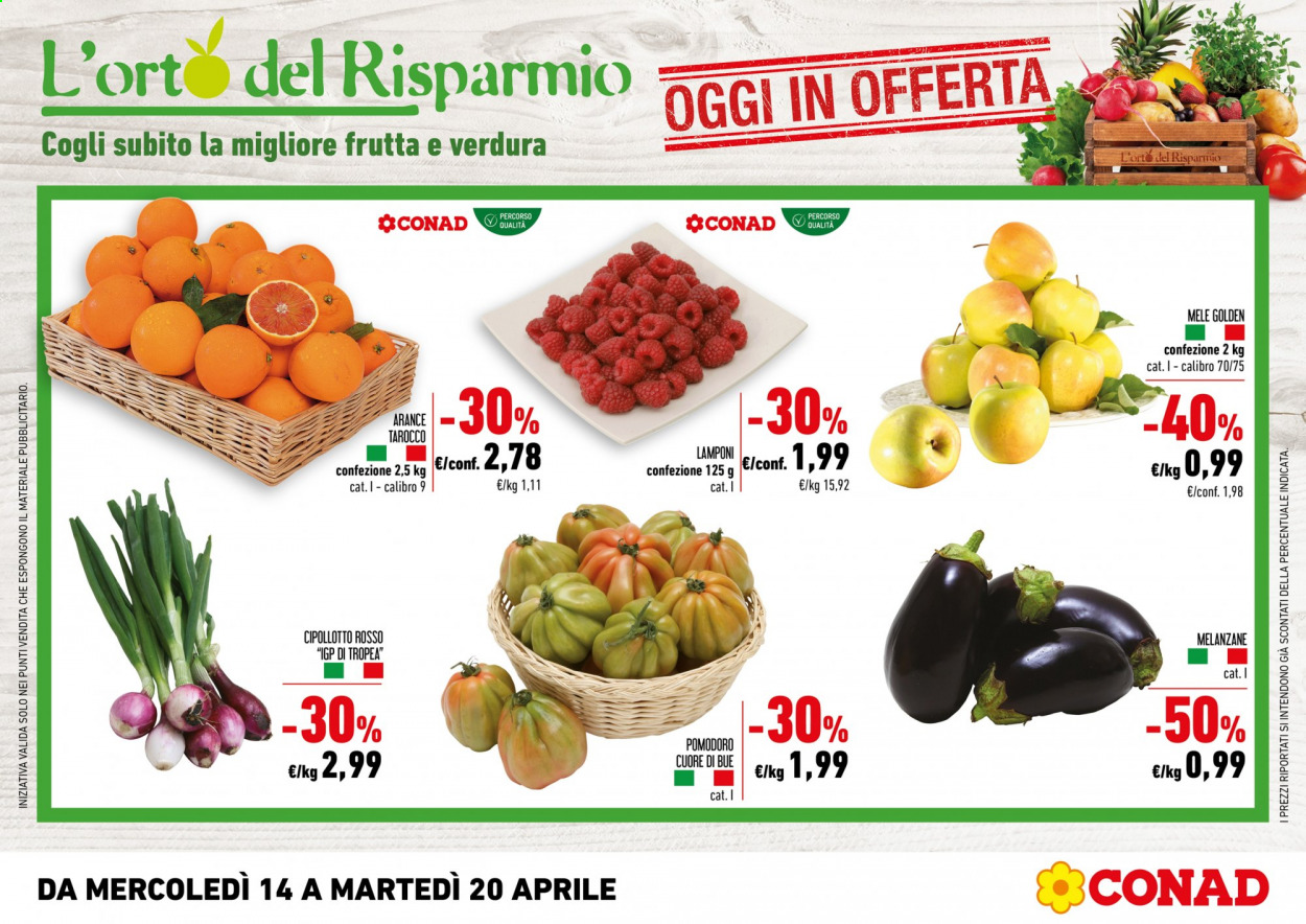 thumbnail - Volantino Conad - 14/4/2021 - 20/4/2021 - Prodotti in offerta - melanzane, cipollotti, pomodori, pomodoro Cuore di bue, mele, arance, lamponi. Pagina 1.