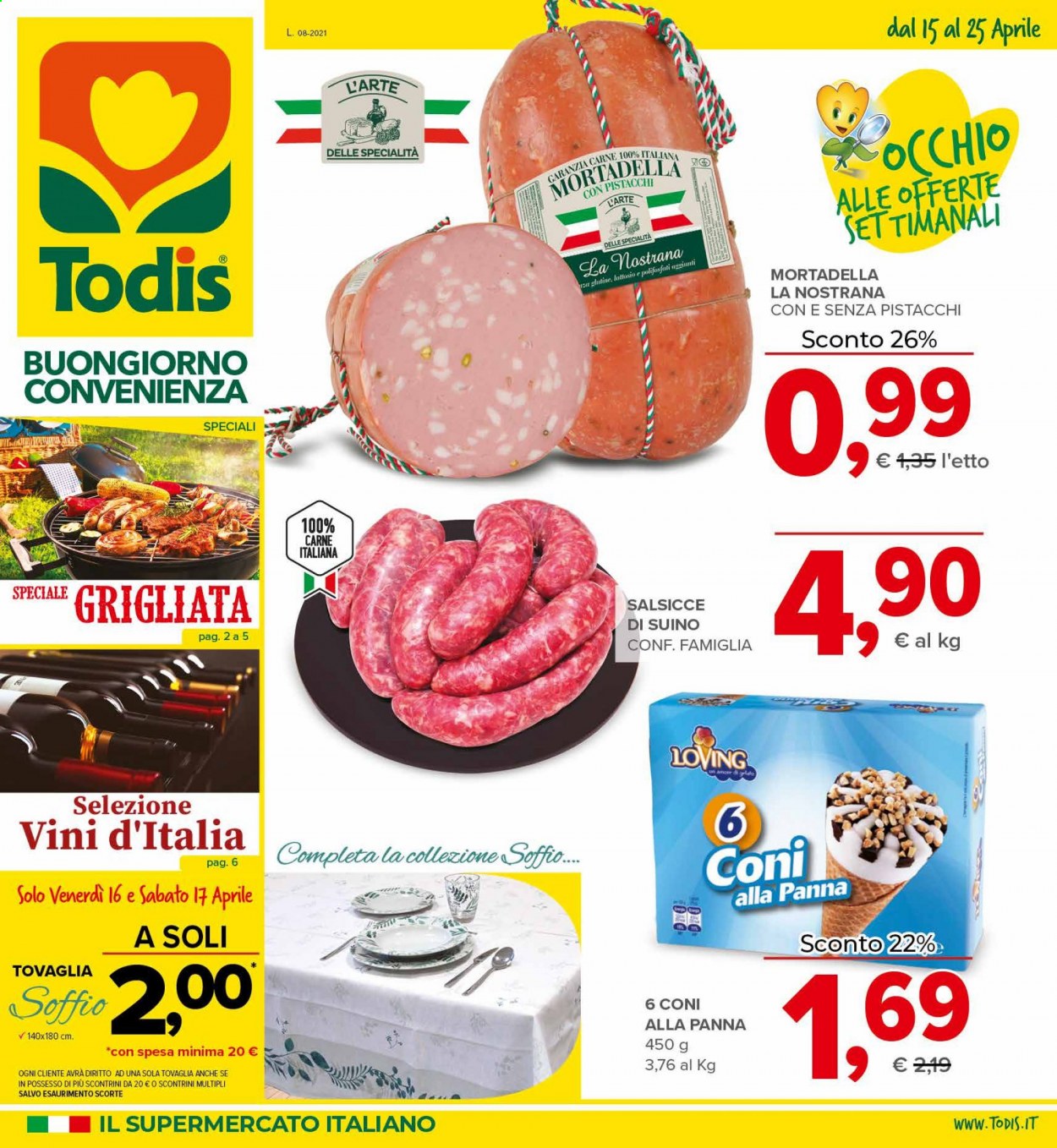 thumbnail - Volantino Todis - 15/4/2021 - 25/4/2021 - Prodotti in offerta - salsiccia, suino, mortadella, tovaglia. Pagina 1.