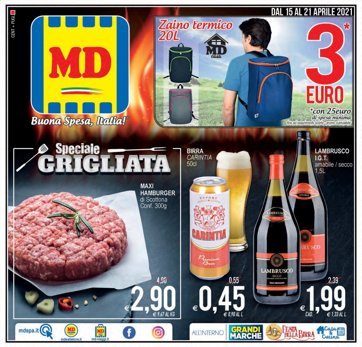 thumbnail - Volantino MD Discount - 15/4/2021 - 21/4/2021 - Prodotti in offerta - scottona, hamburger, vino frizzante, Lambrusco, vino, zaino. Pagina 1.