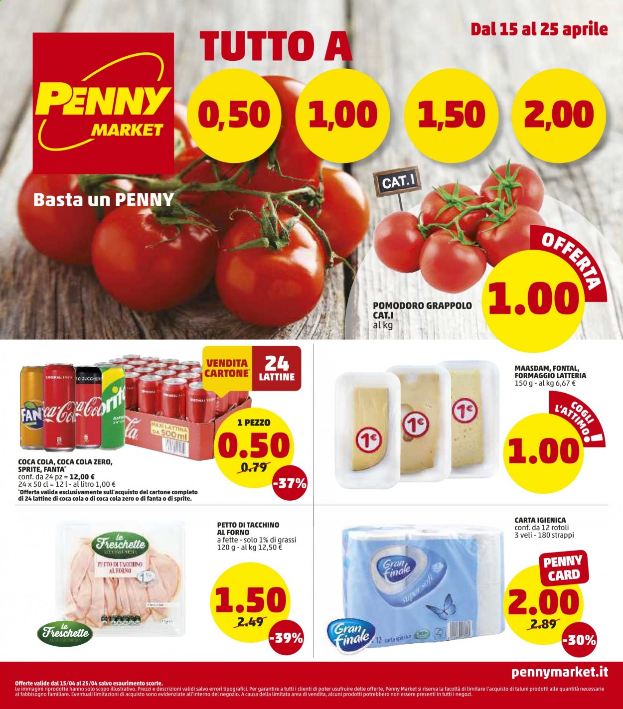 thumbnail - Volantino Penny Market - 15/4/2021 - 25/4/2021 - Prodotti in offerta - pomodori, petto di tacchino, formaggio, maasdam, Fanta, Sprite, Coca Cola Zero, carta igienica. Pagina 1.