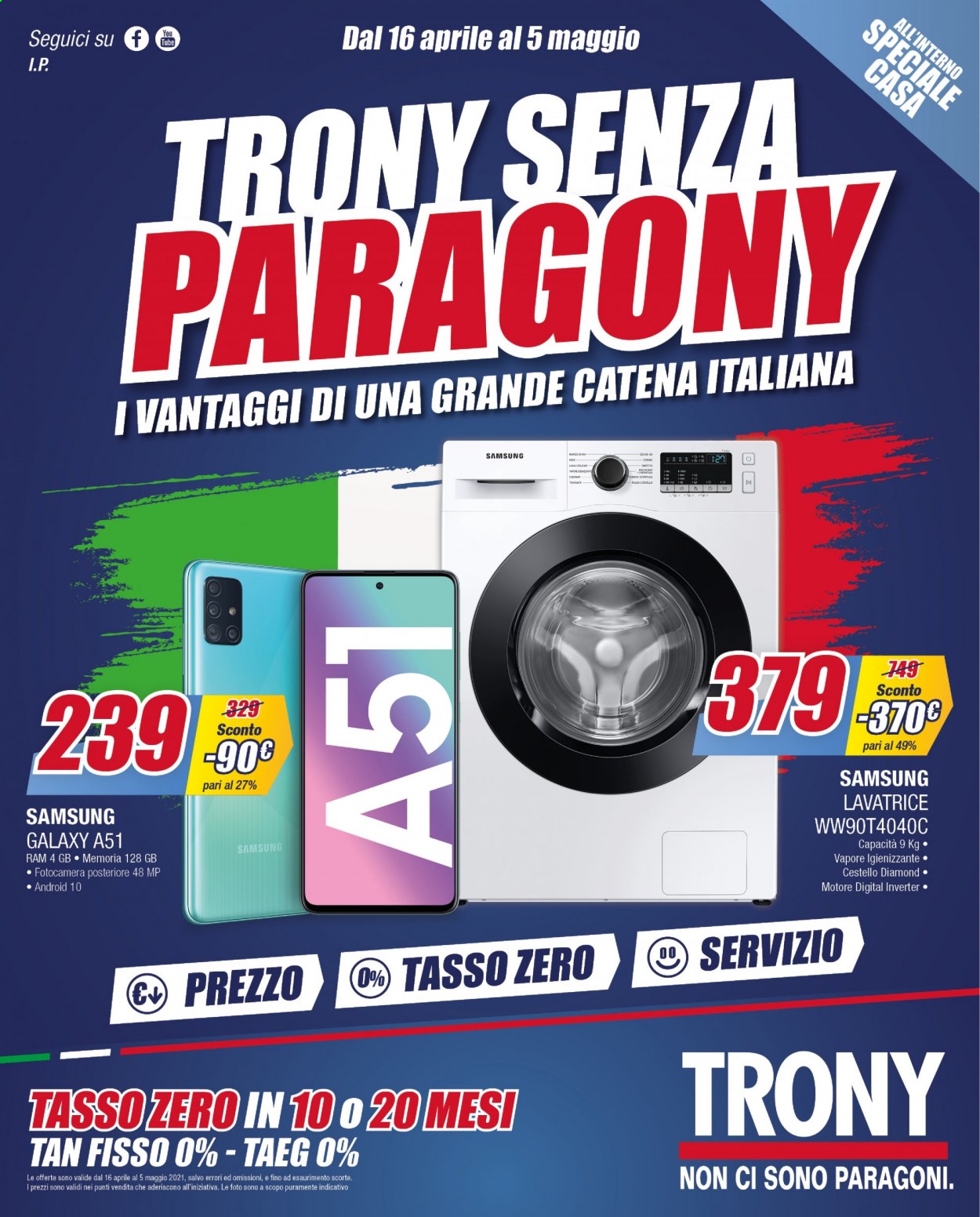 thumbnail - Volantino Trony - 16/4/2021 - 5/5/2021 - Prodotti in offerta - Samsung Galaxy, Samsung, lavatrice. Pagina 1.