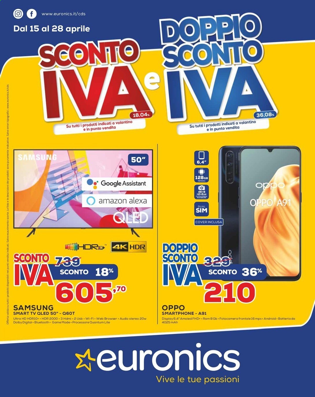 thumbnail - Volantino Euronics - 15/4/2021 - 28/4/2021 - Prodotti in offerta - Samsung, smartphone, OPPO, Smart TV, Ultra HD, televisore. Pagina 1.