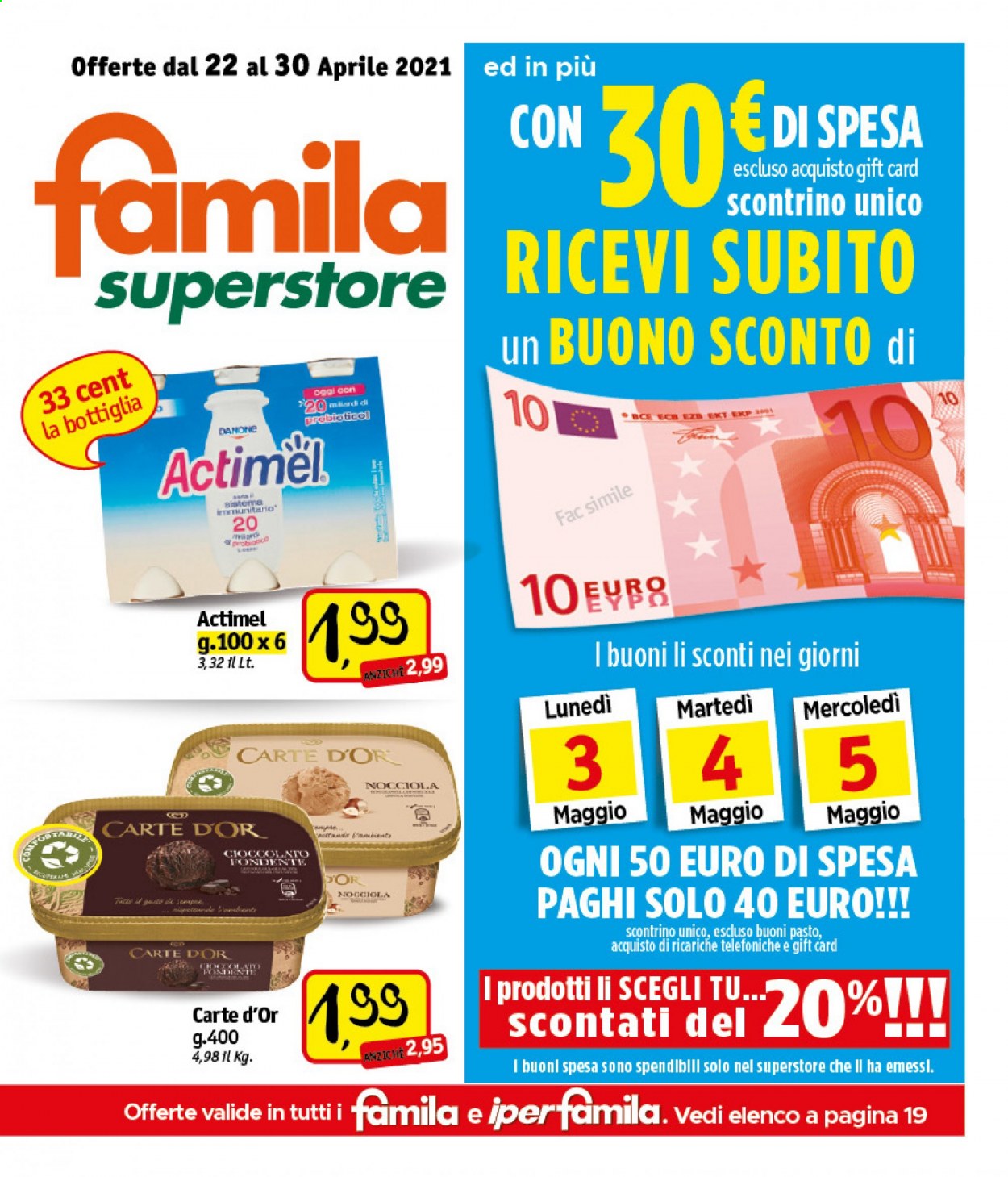 thumbnail - Volantino Famila - 22/4/2021 - 30/4/2021 - Prodotti in offerta - Carte d'Or, Danone, Actimel. Pagina 1.