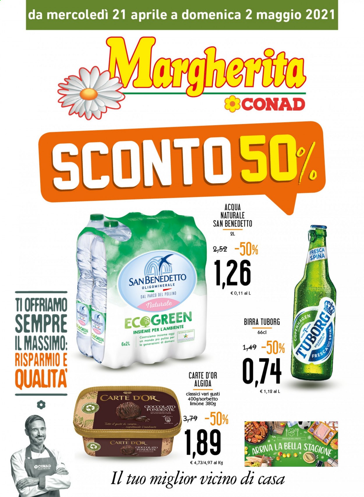 thumbnail - Volantino Conad - 21/4/2021 - 2/5/2021 - Prodotti in offerta - birra, Tuborg, Carte d'Or, gelato, Algida, sorbetto, San Benedetto, acqua naturale. Pagina 1.