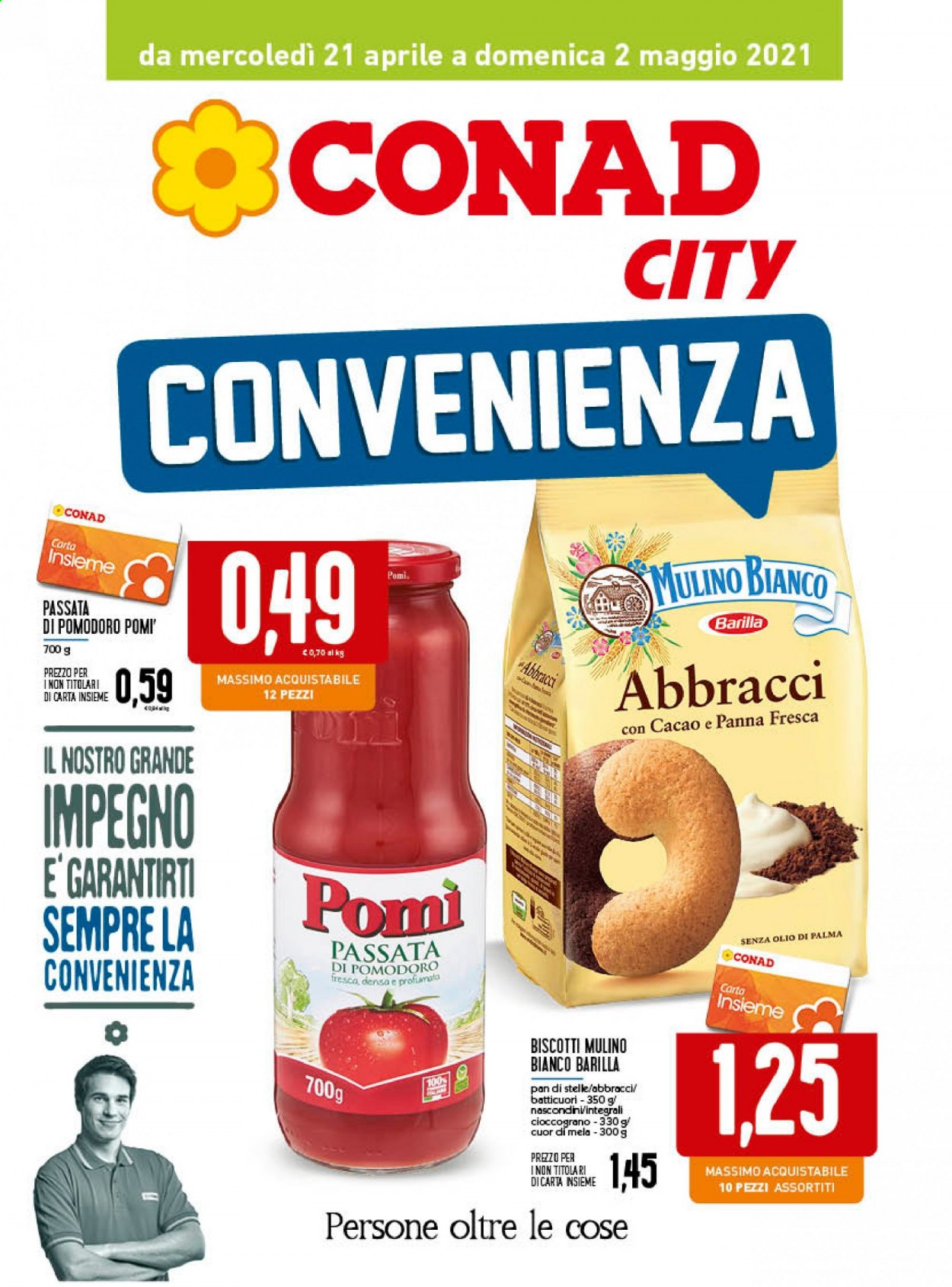 thumbnail - Volantino Conad - 21/4/2021 - 2/5/2021 - Prodotti in offerta - Mulino Bianco, biscotti, Barilla, passata di pomodoro. Pagina 1.
