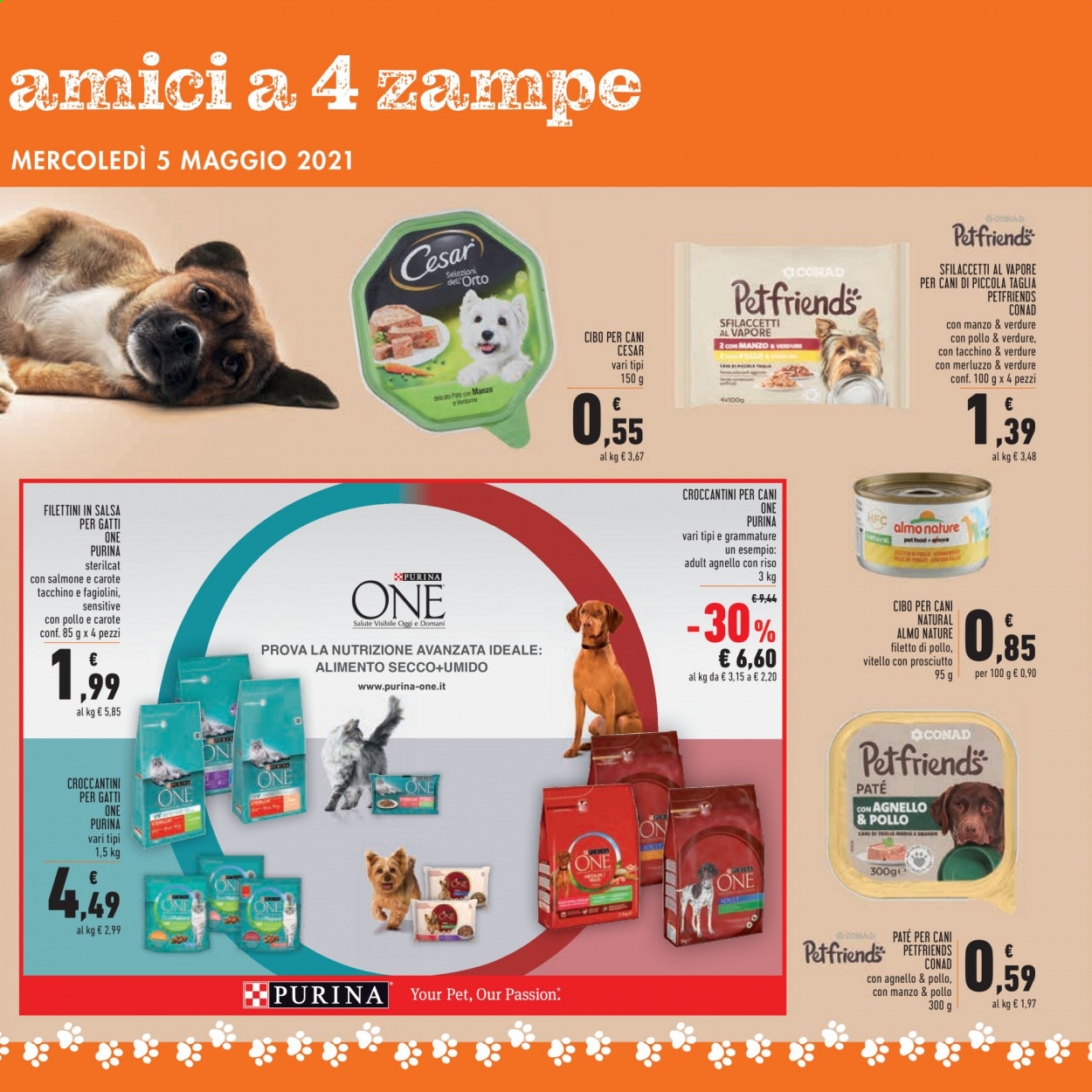 thumbnail - Volantino Conad - 22/4/2021 - 5/5/2021 - Prodotti in offerta - alimento secco, croccantini per cani, croccantini per gatti, Purina, Almo Nature, patè per cani. Pagina 23.