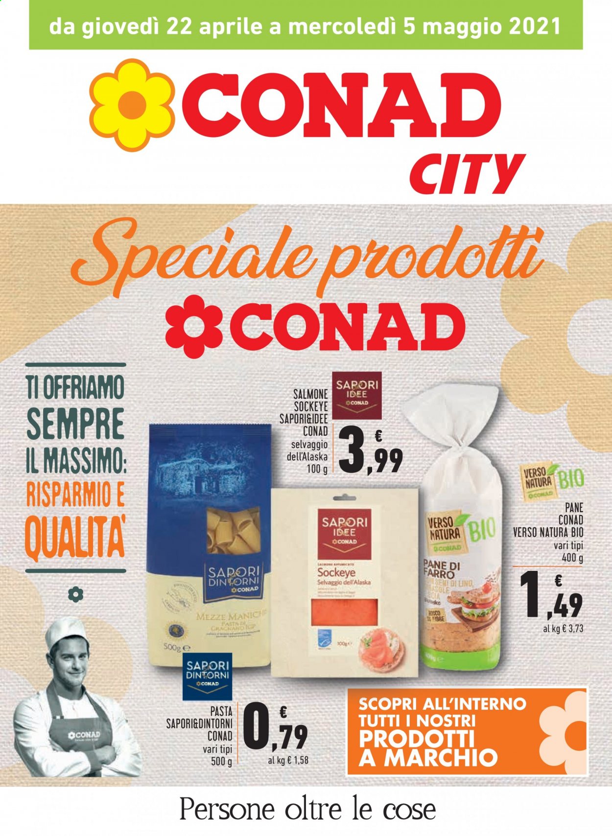 thumbnail - Volantino Conad - 22/4/2021 - 5/5/2021 - Prodotti in offerta - pane, salmone, pasta. Pagina 1.