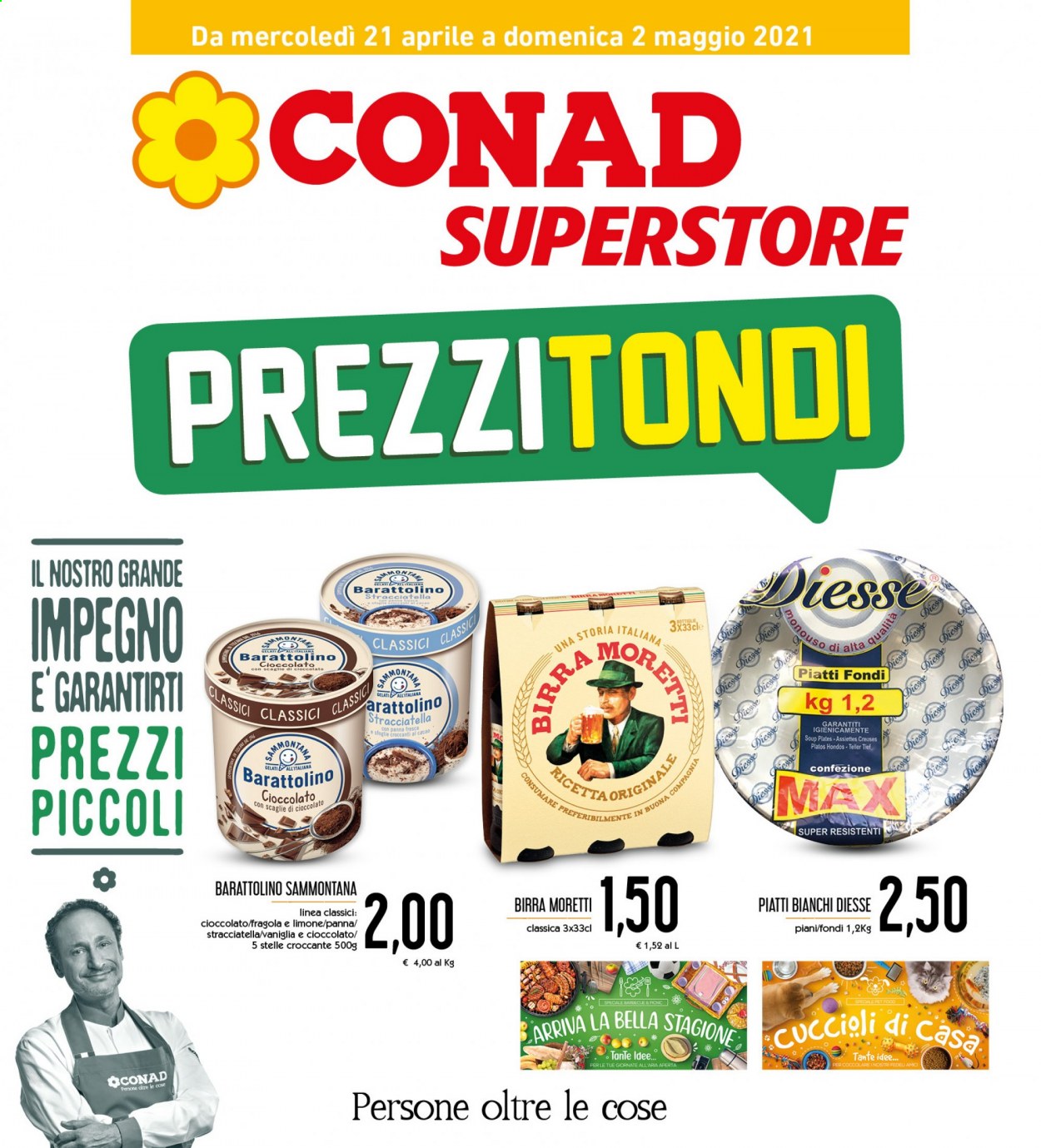 thumbnail - Volantino Conad - 21/4/2021 - 2/5/2021 - Prodotti in offerta - Birra Moretti, birra, gelato, Sammontana, piatti. Pagina 1.