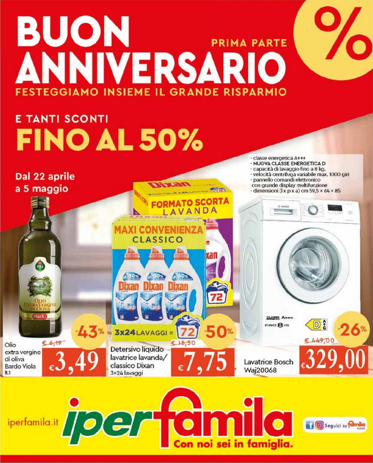 thumbnail - Volantino Famila - 22/4/2021 - 5/5/2021 - Prodotti in offerta - olio, olio extra vergine di oliva, Dixan, detersivo liquido per lavatrice, Bosch. Pagina 1.