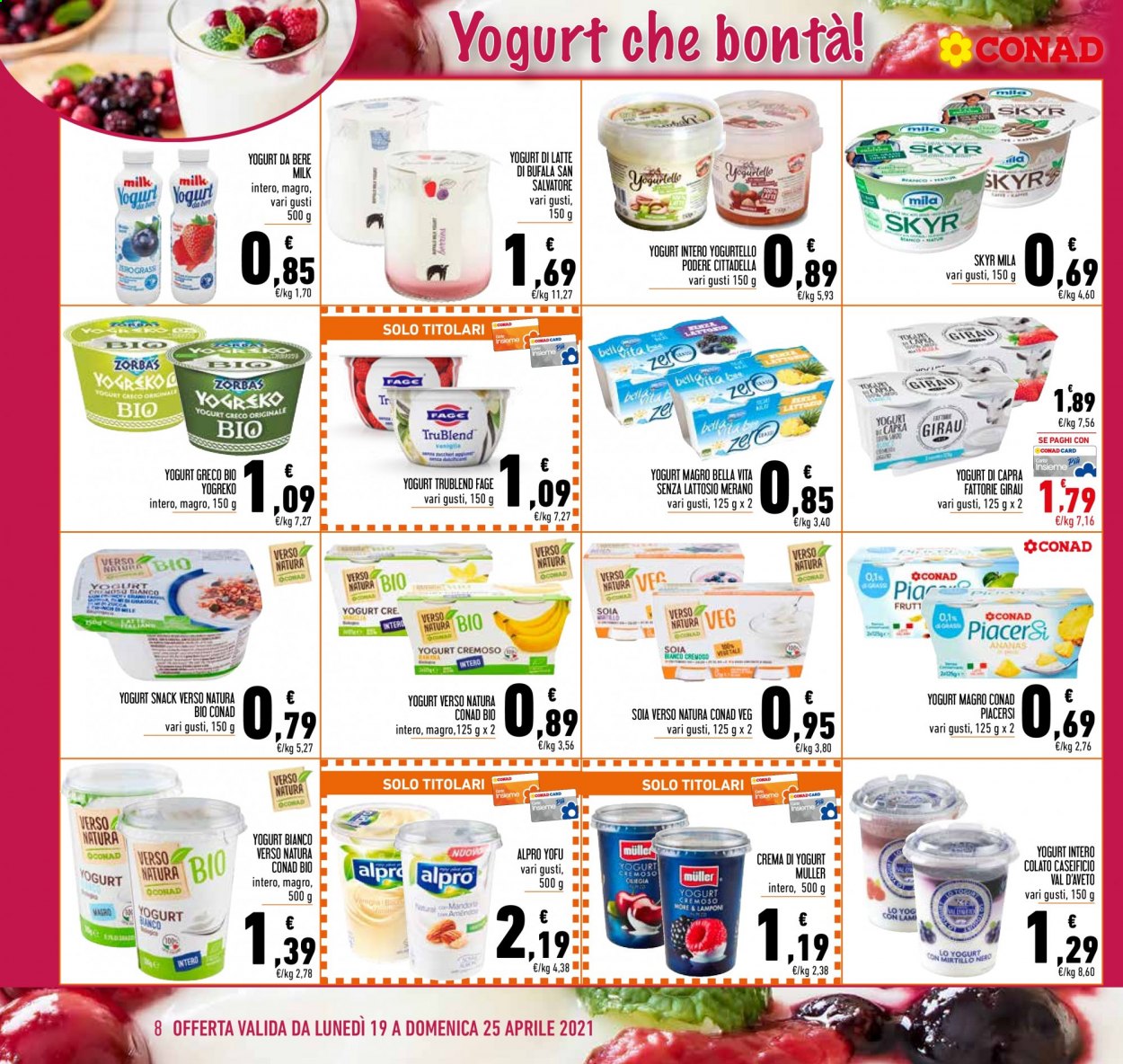 thumbnail - Volantino Conad - 19/4/2021 - 25/4/2021 - Prodotti in offerta - yogurt greco, crema di yogurt, Müller, skyr, Fage, soia. Pagina 8.