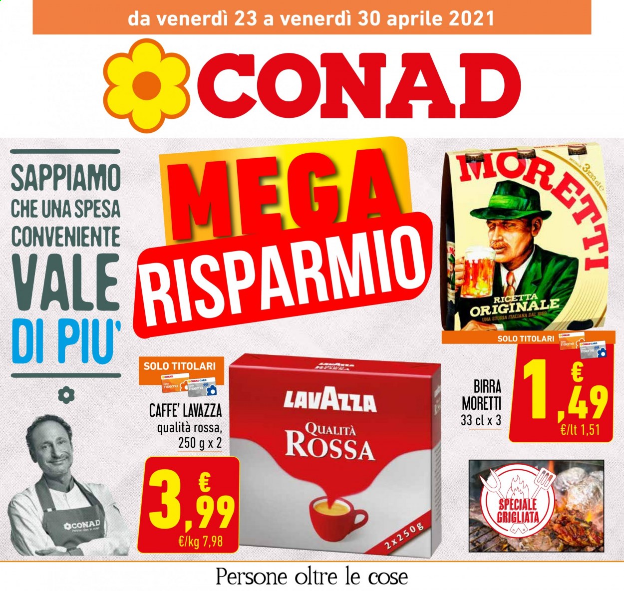 thumbnail - Volantino Conad - 23/4/2021 - 30/4/2021 - Prodotti in offerta - Birra Moretti, birra, caffè, Lavazza. Pagina 1.
