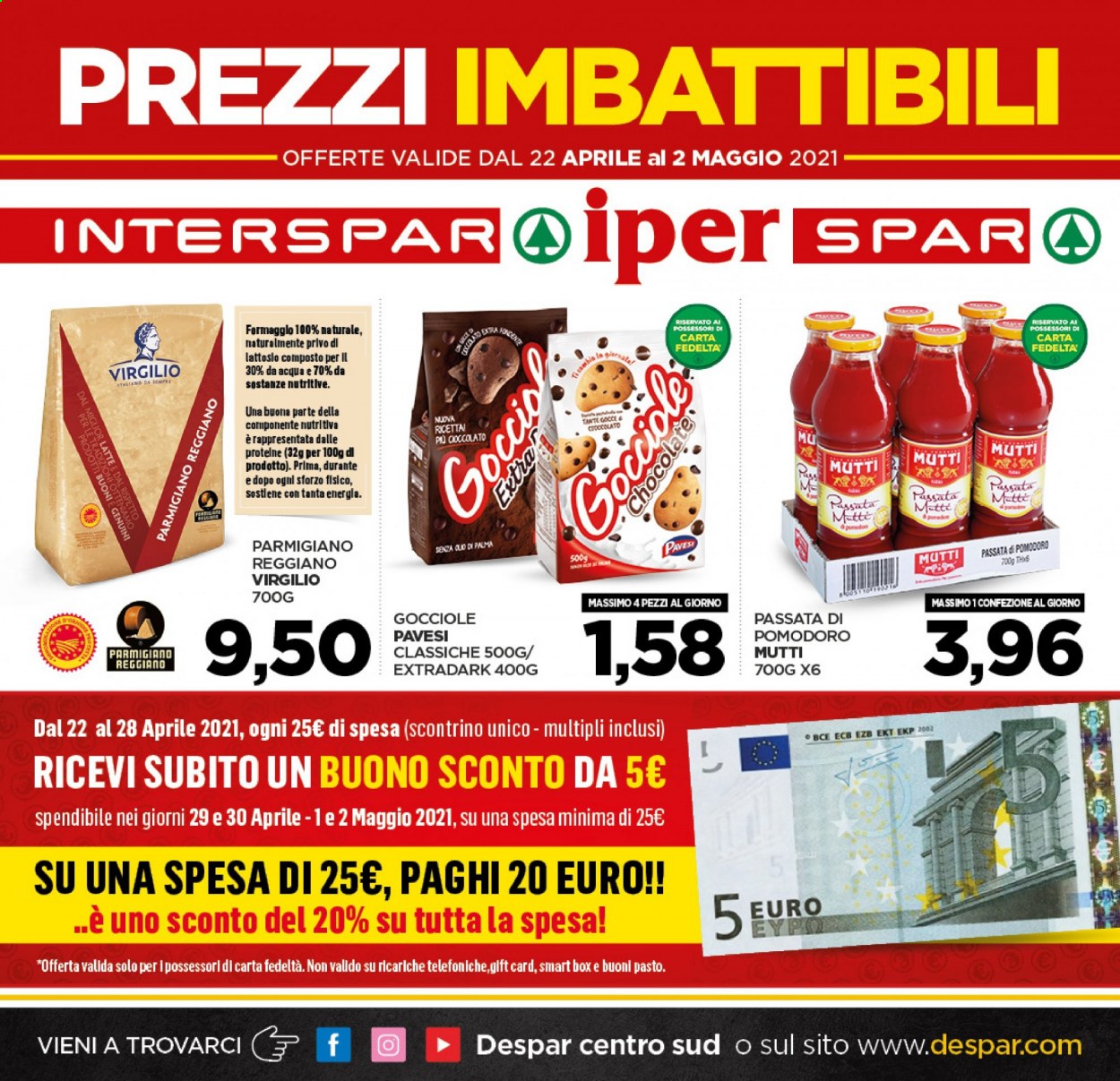 thumbnail - Volantino Interspar - 22/4/2021 - 2/5/2021 - Prodotti in offerta - pomodori, formaggio, parmigiano, Pavesi, passata di pomodoro, Mutti. Pagina 1.