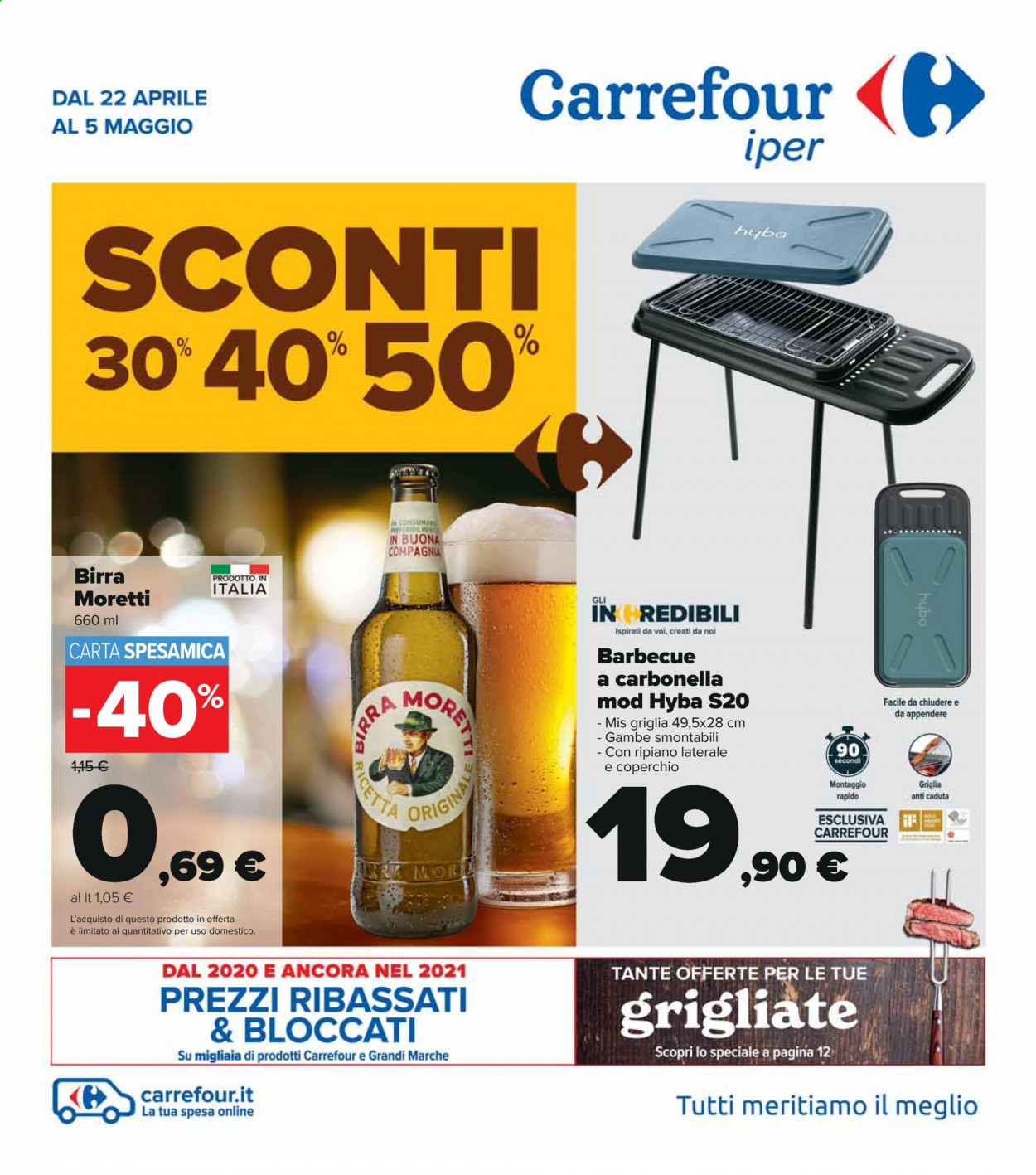 thumbnail - Volantino Carrefour - 22/4/2021 - 5/5/2021 - Prodotti in offerta - Birra Moretti, birra, carbonella, barbecue a carbonella, barbecue. Pagina 1.