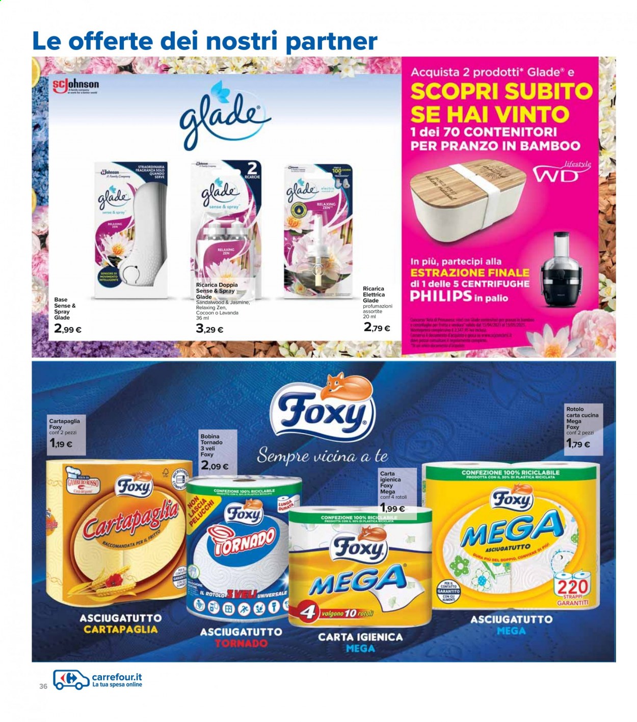 Volantino Carrefour - 22/4/2021 - 5/5/2021 - Prodotti in offerta - Philips, carta cucina, carta igienica, Foxy, bobina. Pagina 36.