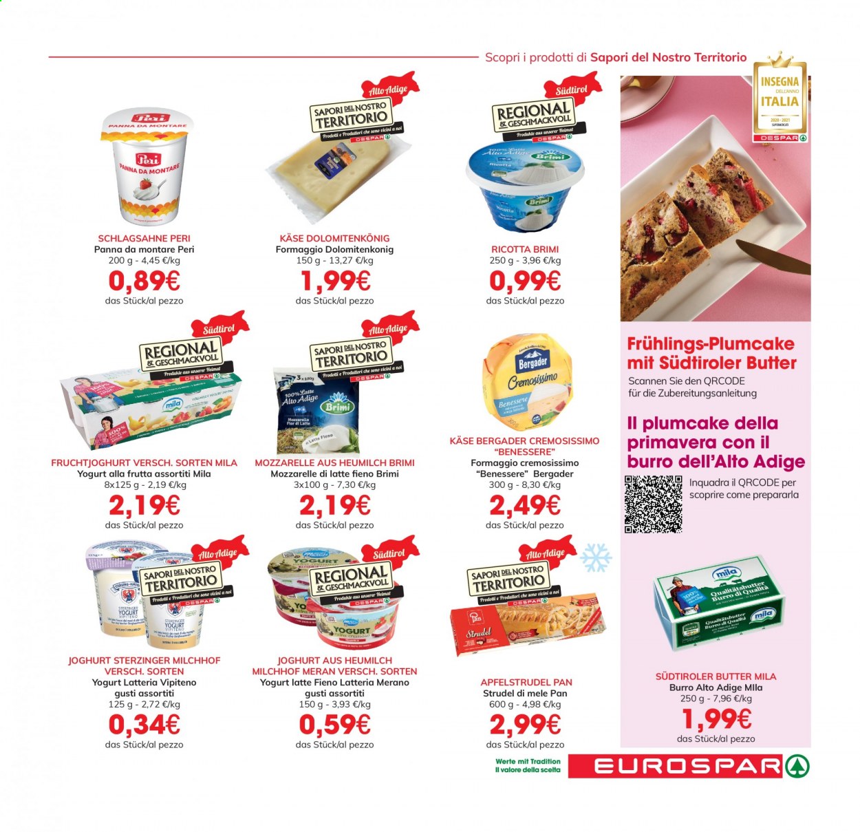 thumbnail - Volantino Eurospar - 22/4/2021 - 5/5/2021 - Prodotti in offerta - plumcake, strudel, formaggio, ricotta, yogurt, Latteria Vipiteno, latte, panna, panna da montare. Pagina 5.