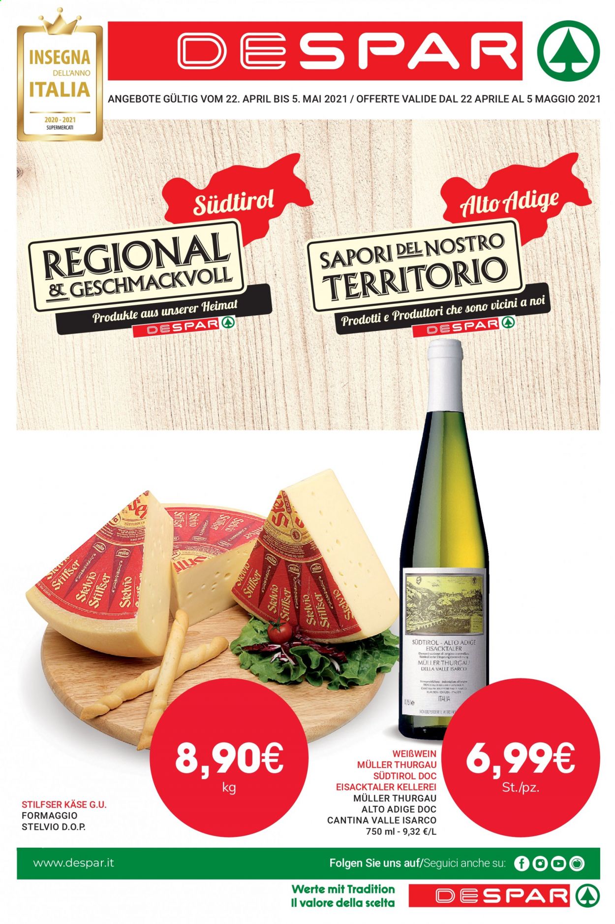 thumbnail - Volantino Despar - 22/4/2021 - 5/5/2021 - Prodotti in offerta - formaggio, Müller-Thurgau, vino. Pagina 1.