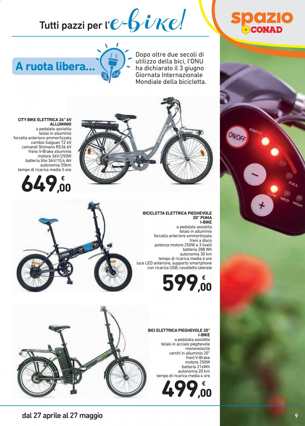 thumbnail - Volantino Conad - 27/4/2021 - 27/5/2021 - Prodotti in offerta - Puma, Shimano, smartphone, bici elettrica, bicicletta, cavalletto, ruota. Pagina 9.