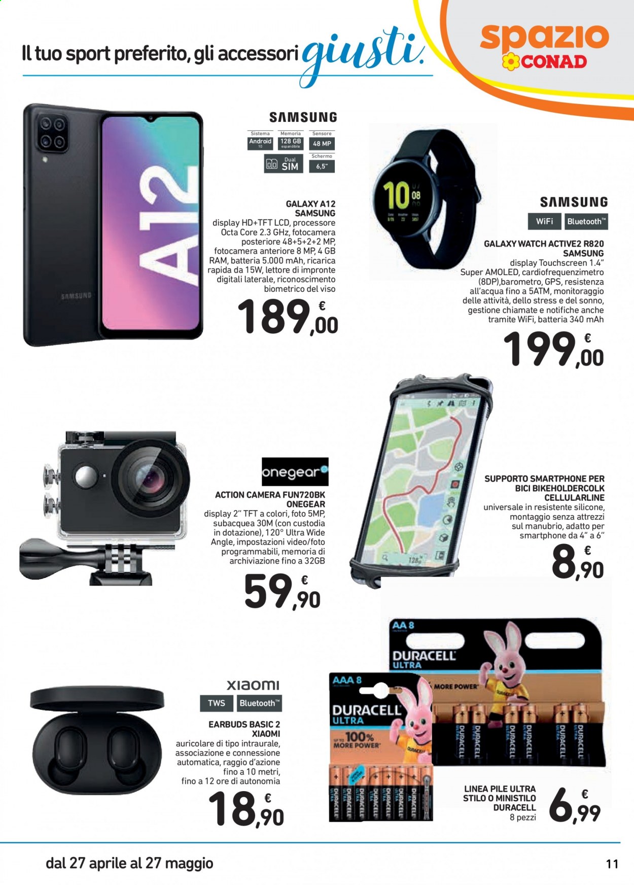 thumbnail - Volantino Conad - 27/4/2021 - 27/5/2021 - Prodotti in offerta - Samsung, pile ministilo, Duracell, smartphone, Samsung Galaxy A12, Samsung Watch. Pagina 11.