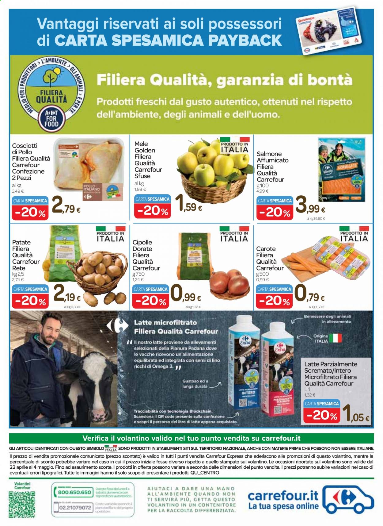Volantino Carrefour - 22/4/2021 - 4/5/2021 - Prodotti in offerta - patate, carote, cipolla, mele, pollo, salmone, salmone affumicato, latte. Pagina 9.