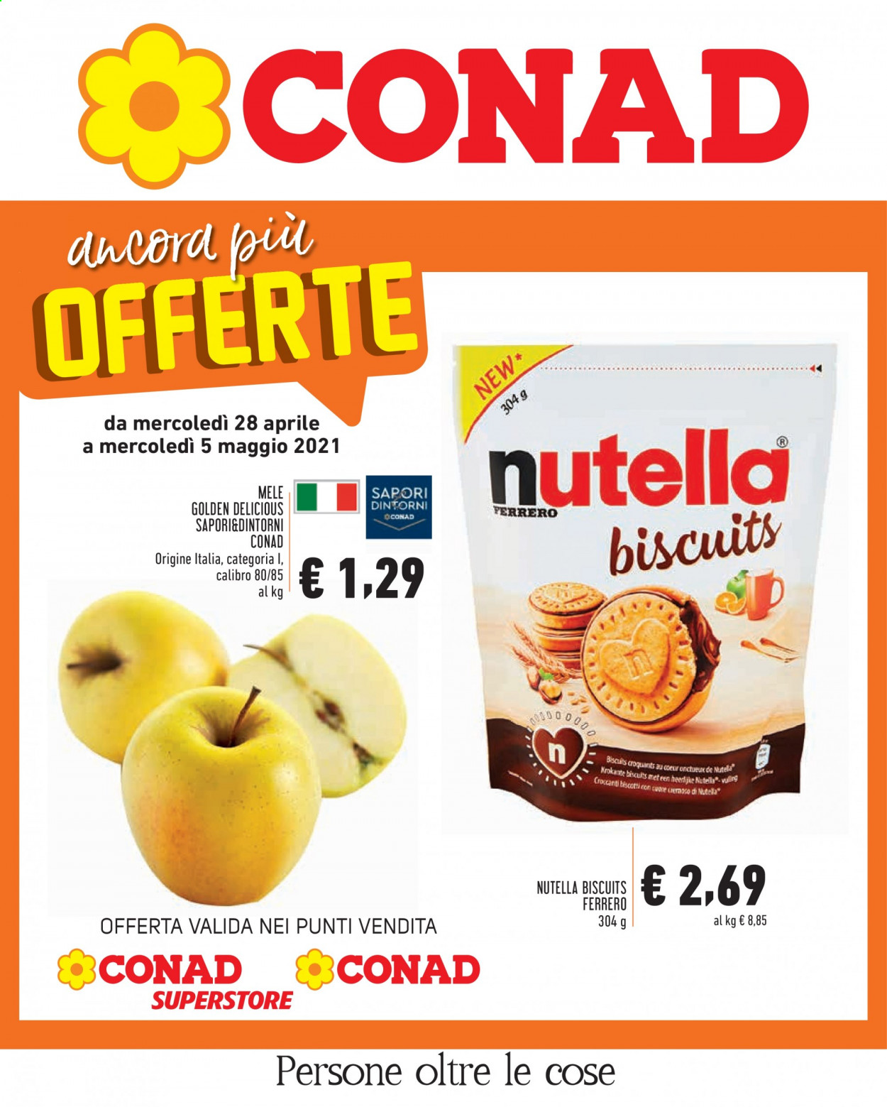 thumbnail - Volantino Conad - 28/4/2021 - 5/5/2021 - Prodotti in offerta - mele, Golden Delicious, biscotti, Ferrero, Nutella, crema spalmabile alla nocciola. Pagina 1.