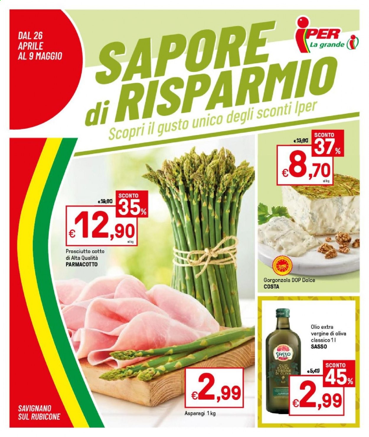 thumbnail - Volantino Iper, La grande i - 26/4/2021 - 9/5/2021 - Prodotti in offerta - asparagi, prosciutto, prosciutto cotto, formaggio, gorgonzola, olio, olio extra vergine di oliva. Pagina 1.