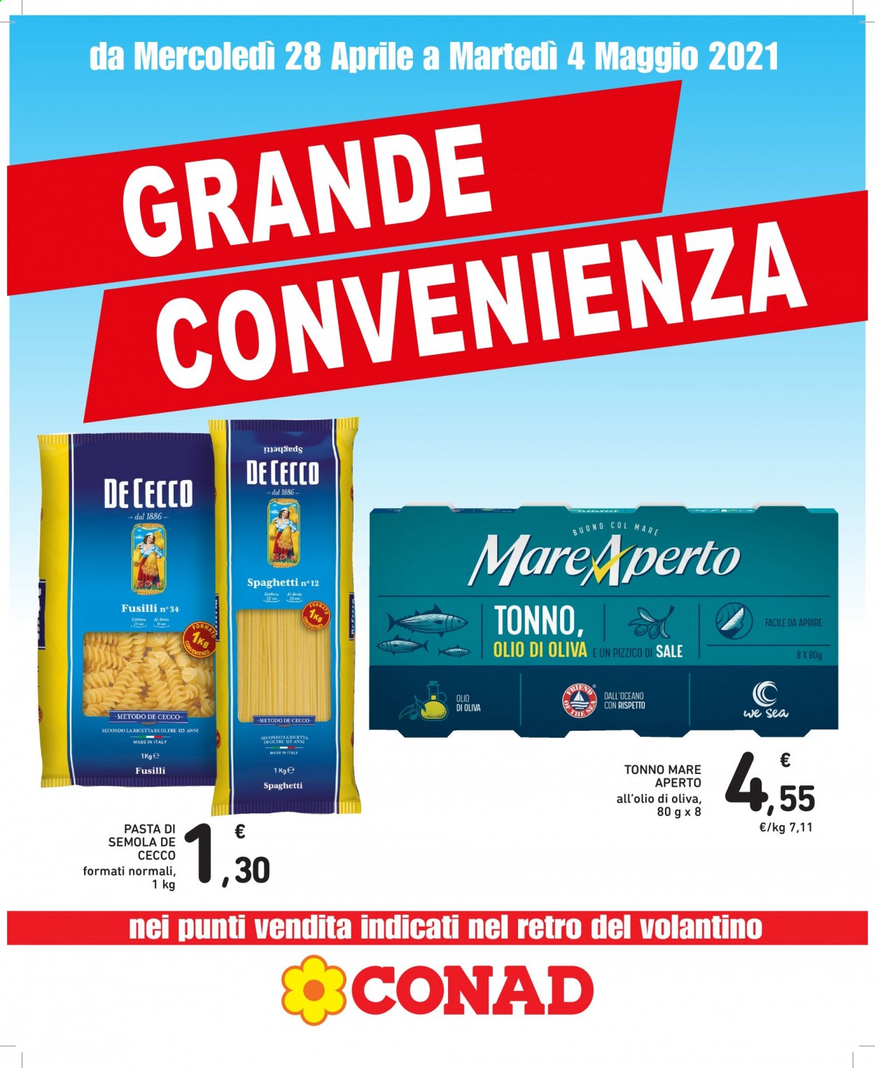 thumbnail - Volantino Conad - 28/4/2021 - 4/5/2021 - Prodotti in offerta - tonno, De Cecco, spaghetti, pasta, fusilli. Pagina 1.