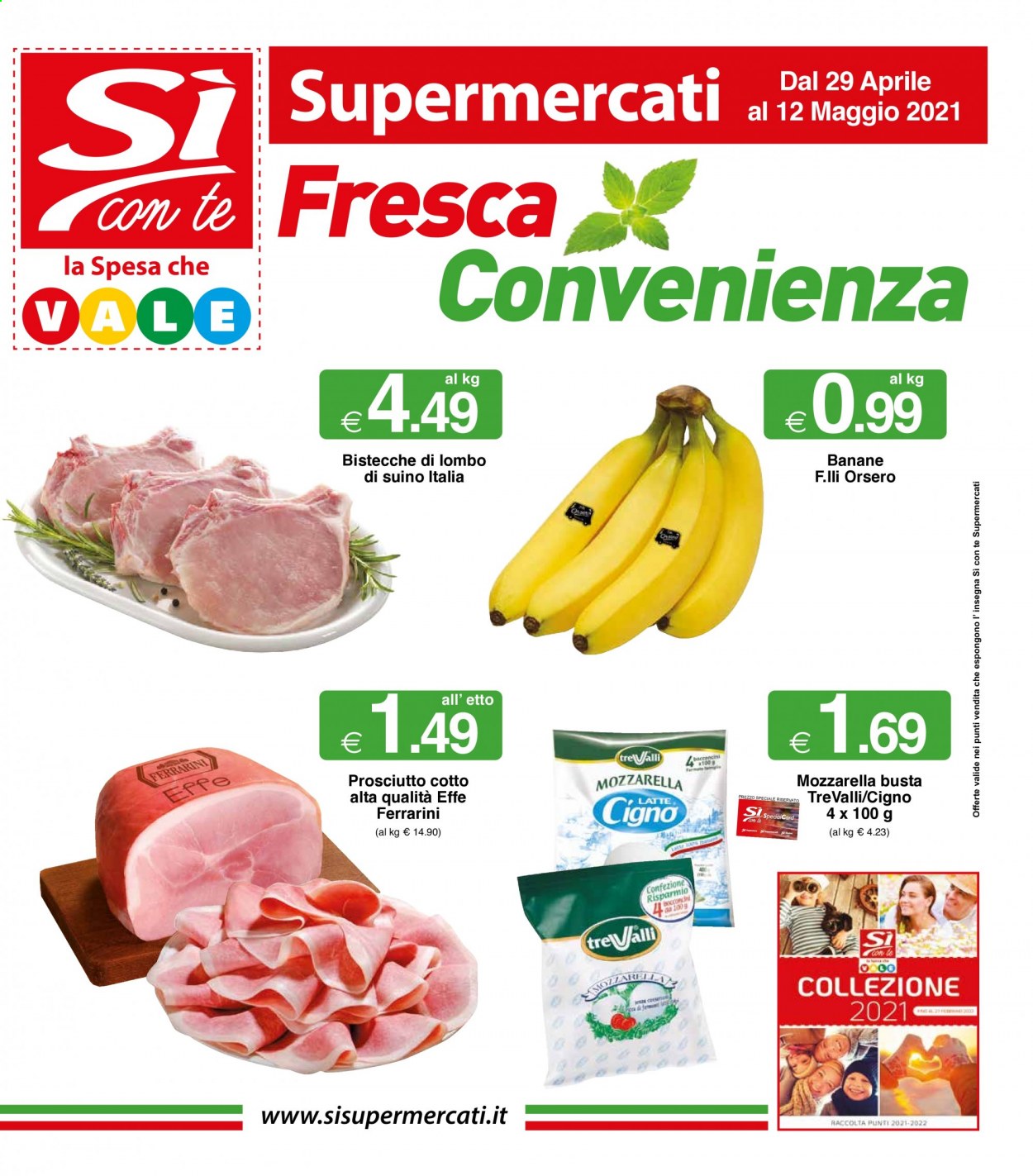thumbnail - Volantino Si con te Supermercati - 29/4/2021 - 12/5/2021 - Prodotti in offerta - banane, bocconcini, bistecca, suino, formaggio, mozzarella, latte. Pagina 1.