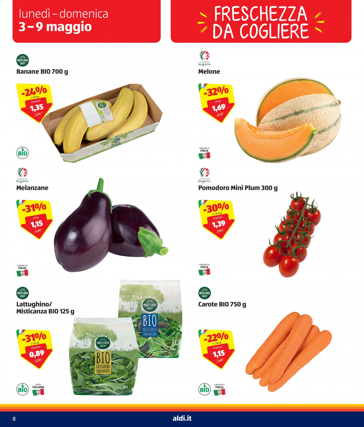 thumbnail - Volantino Aldi - 3/5/2021 - 9/5/2021 - Prodotti in offerta - melanzane, carote, pomodori, banane, melone. Pagina 8.