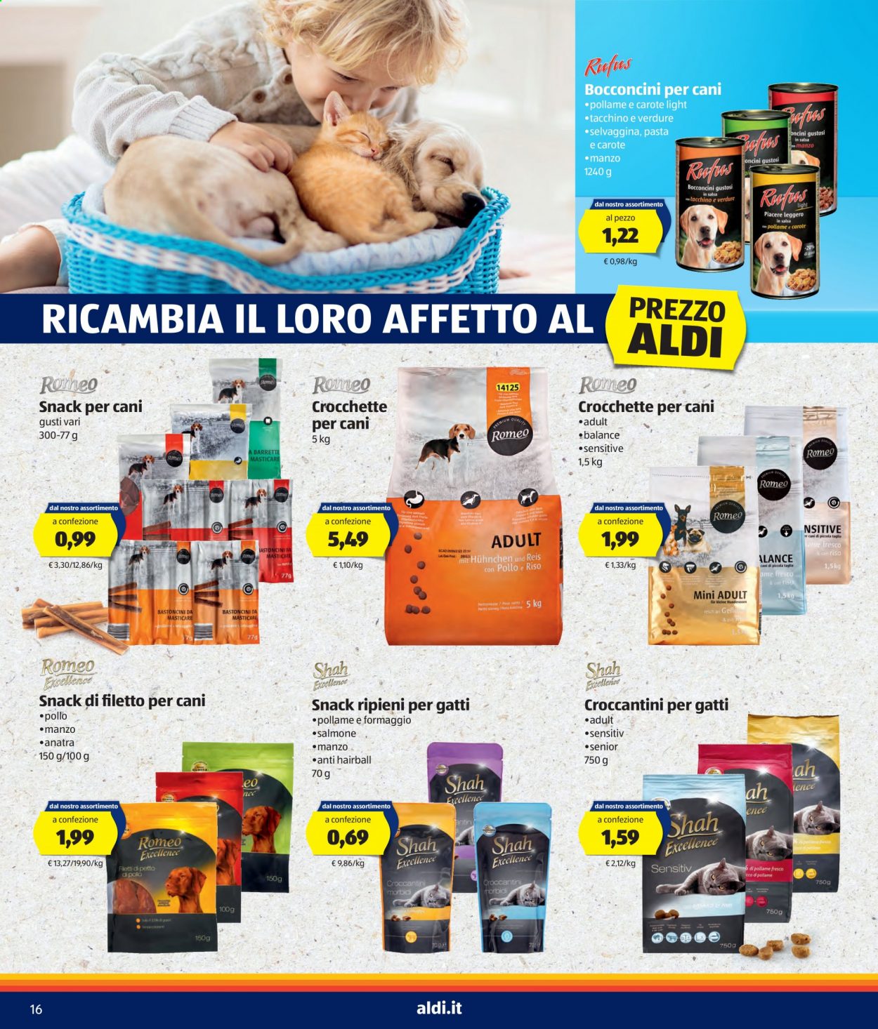 thumbnail - Volantino Aldi - 3/5/2021 - 9/5/2021 - Prodotti in offerta - croccantini per gatti, crocchette cane, bocconcini per cane, snack per cane. Pagina 16.