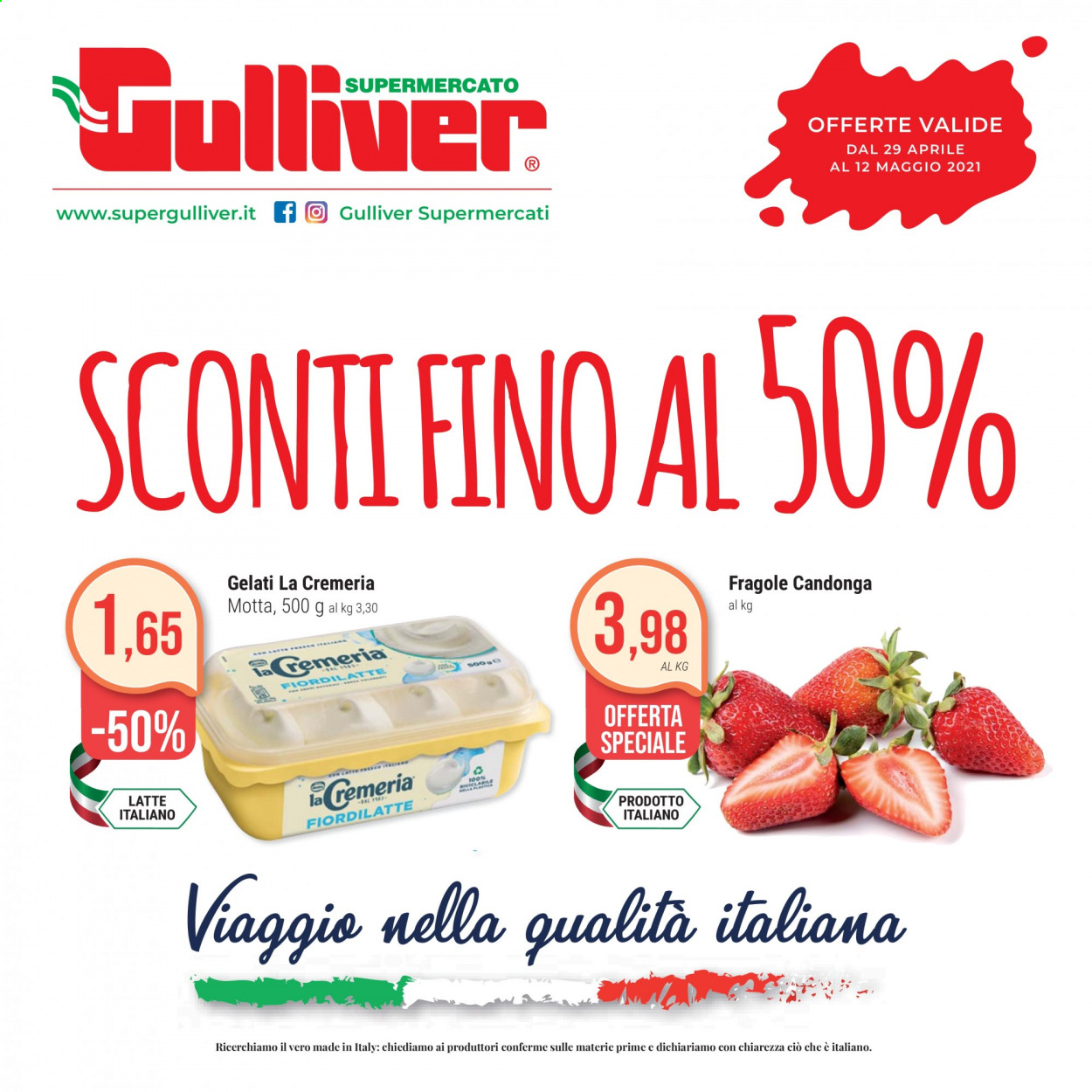 thumbnail - Volantino Gulliver - 29/4/2021 - 12/5/2021 - Prodotti in offerta - Motta, fragole, Fior di Latte, latte, gelato, La Cremeria. Pagina 1.