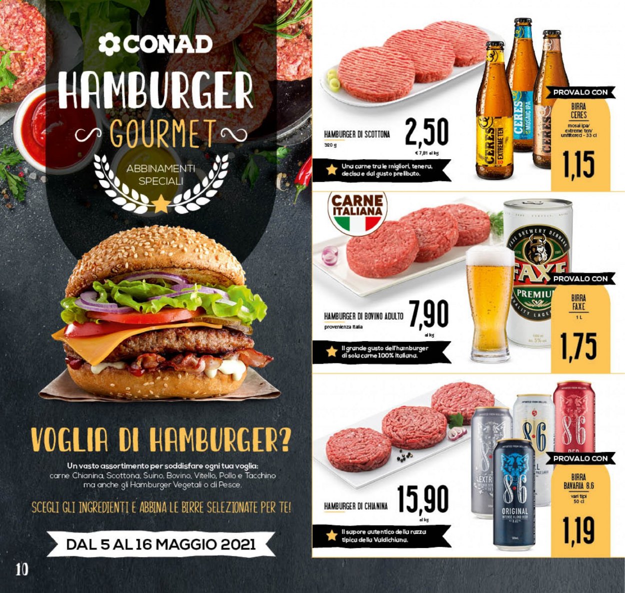 thumbnail - Volantino Conad - 5/5/2021 - 16/5/2021 - Prodotti in offerta - Bavaria, birra, birra tipo IPA, Ceres, vitello, scottona, hamburger, suino. Pagina 10.