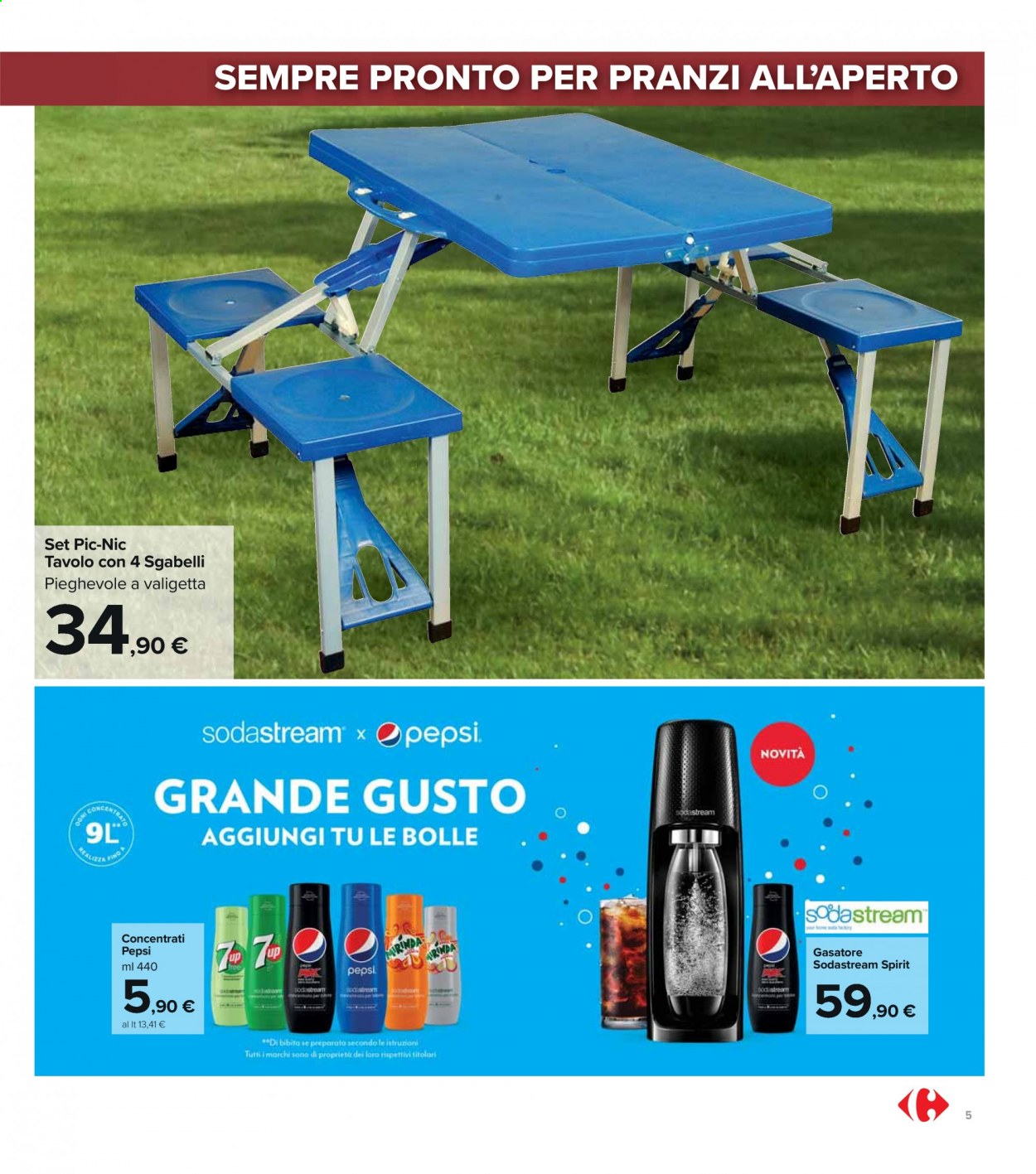 Volantino Carrefour - 3/5/2021 - 30/5/2021 - Prodotti in offerta - Pepsi, SodaStream, tavolo, valigetta. Pagina 5.