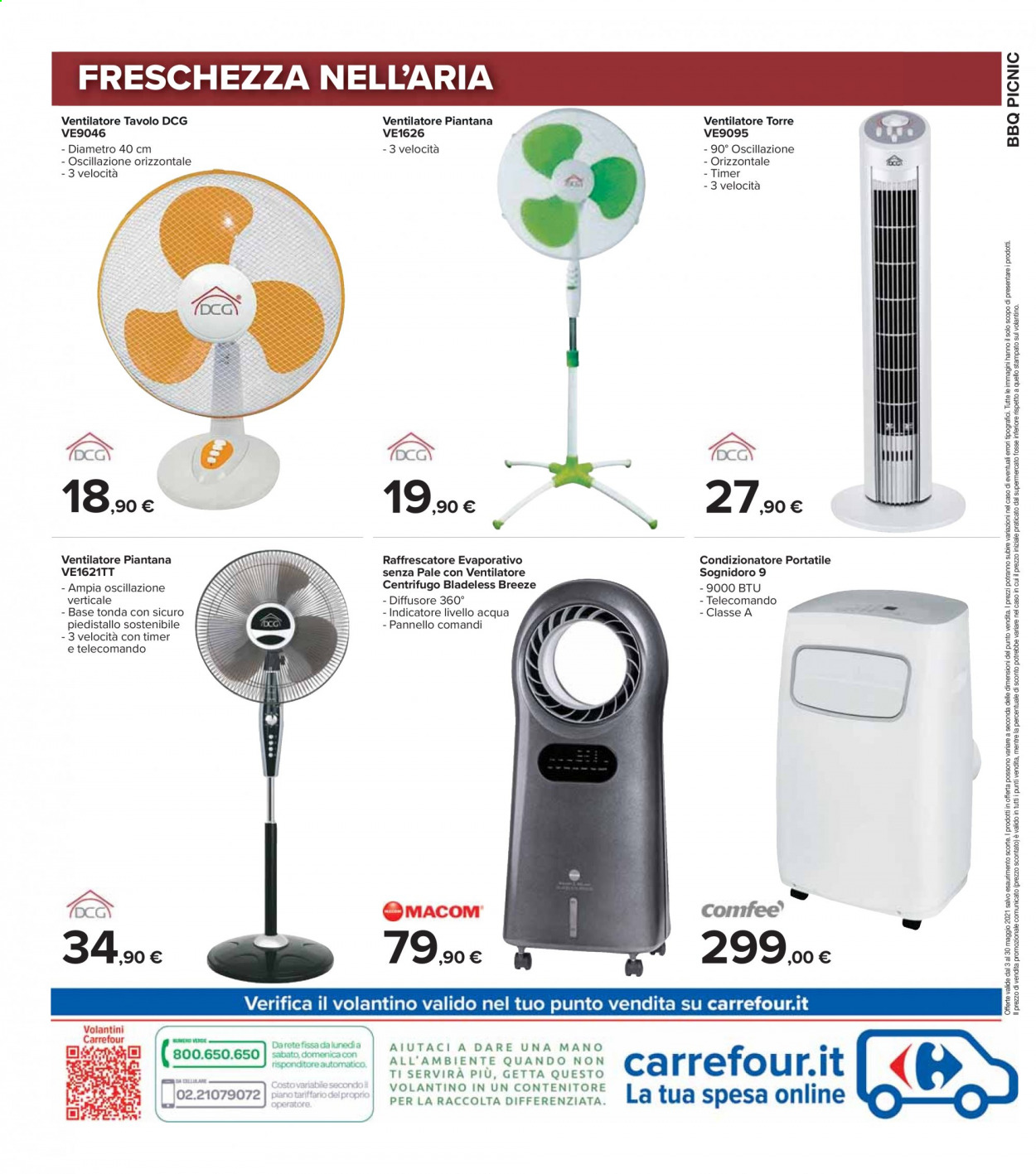 Volantino Carrefour - 3/5/2021 - 30/5/2021 - Prodotti in offerta - Breeze, diffusore, condizionatore, condizionatore portatile, ventilatore a torre, tavolo, piantana. Pagina 8.