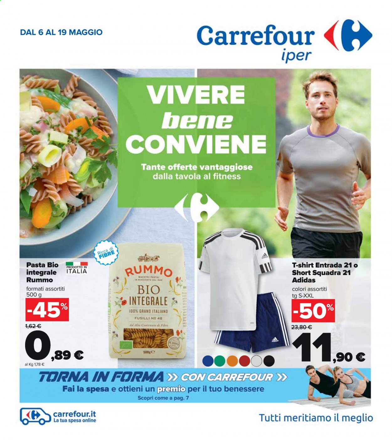 thumbnail - Volantino Carrefour - 6/5/2021 - 19/5/2021 - Prodotti in offerta - Adidas, pasta, fusilli, Rummo, t-shirt. Pagina 1.