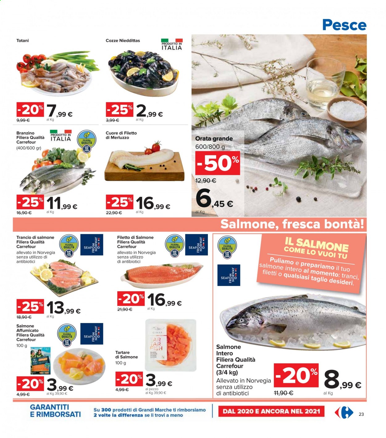 Volantino Carrefour - 6/5/2021 - 19/5/2021 - Prodotti in offerta - salmone, branzino, cozze, pesce, merluzzo, totani, orata, salmone affumicato, Cuore. Pagina 23.