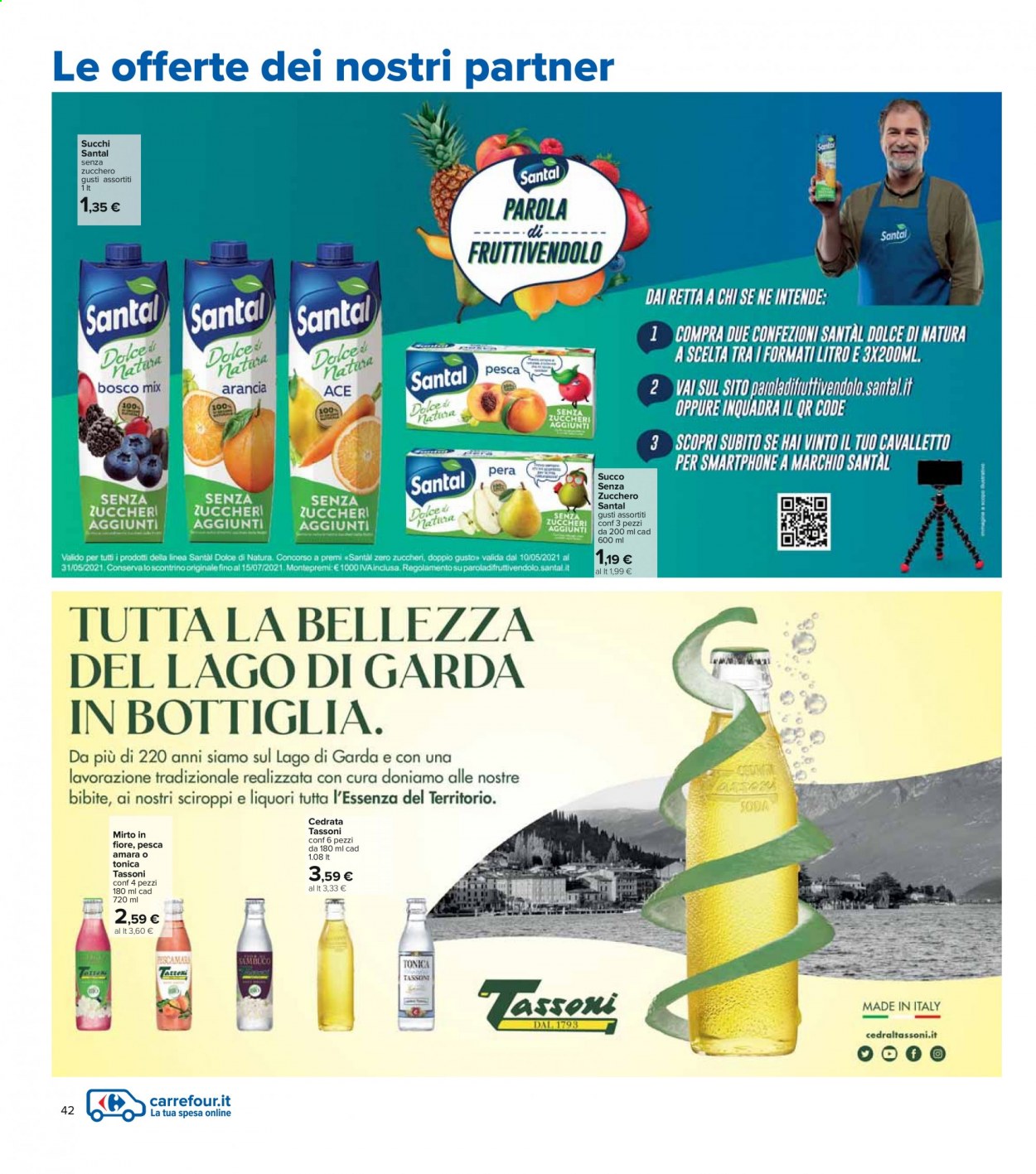 thumbnail - Volantino Carrefour - 6/5/2021 - 19/5/2021 - Prodotti in offerta - acqua tonica, succo, cedrata, bibita gassata, Santal, Mirto, smartphone, cavalletto. Pagina 42.