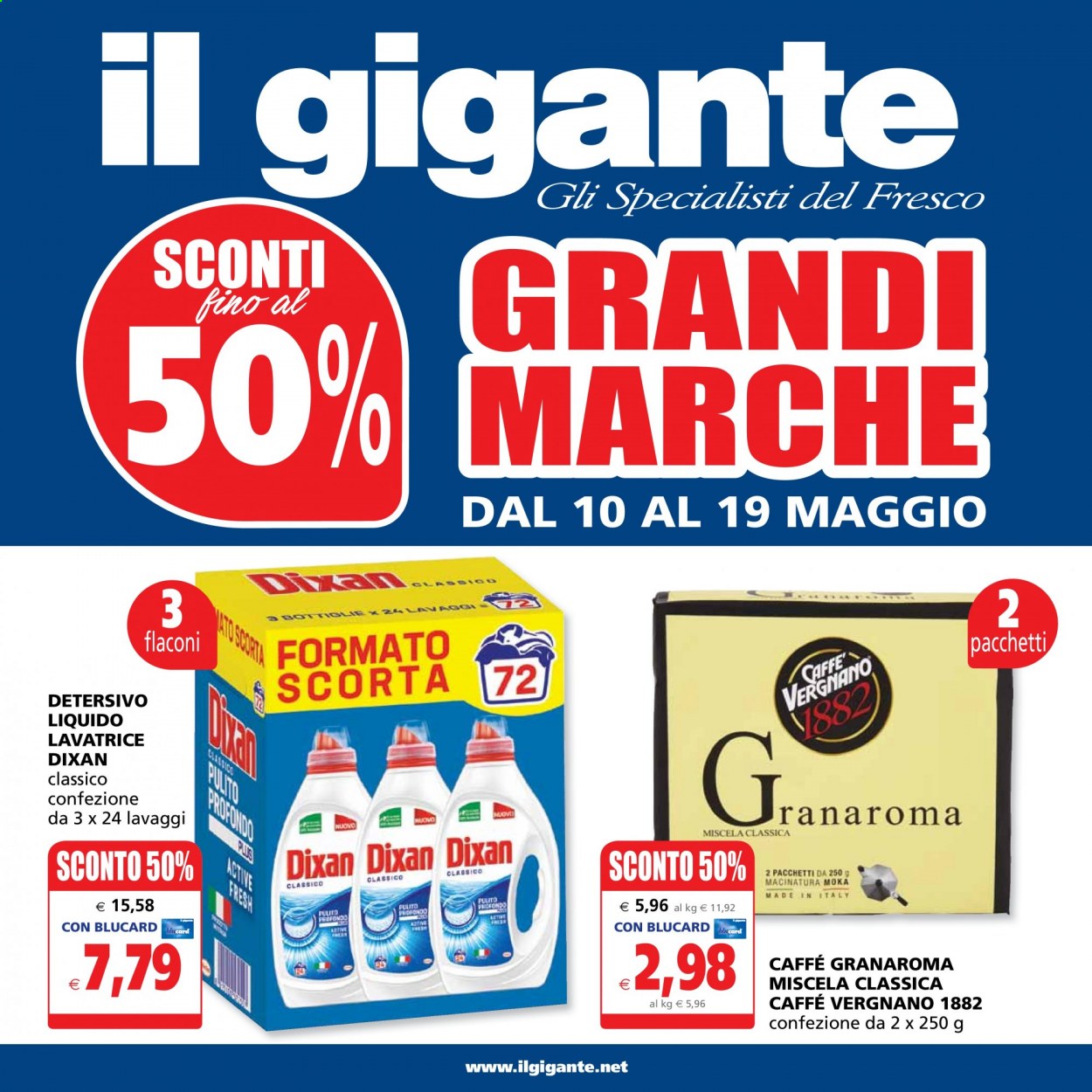 thumbnail - Volantino Il Gigante - 10/5/2021 - 19/5/2021 - Prodotti in offerta - caffè, Dixan, detersivo liquido per lavatrice. Pagina 1.