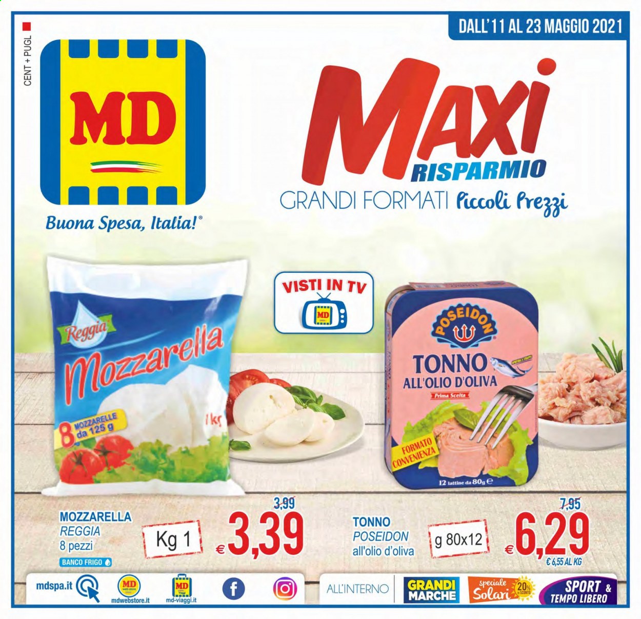 thumbnail - Volantino MD Discount - 11/5/2021 - 23/5/2021 - Prodotti in offerta - tonno, formaggio, mozzarella, tonno sott'olio. Pagina 1.